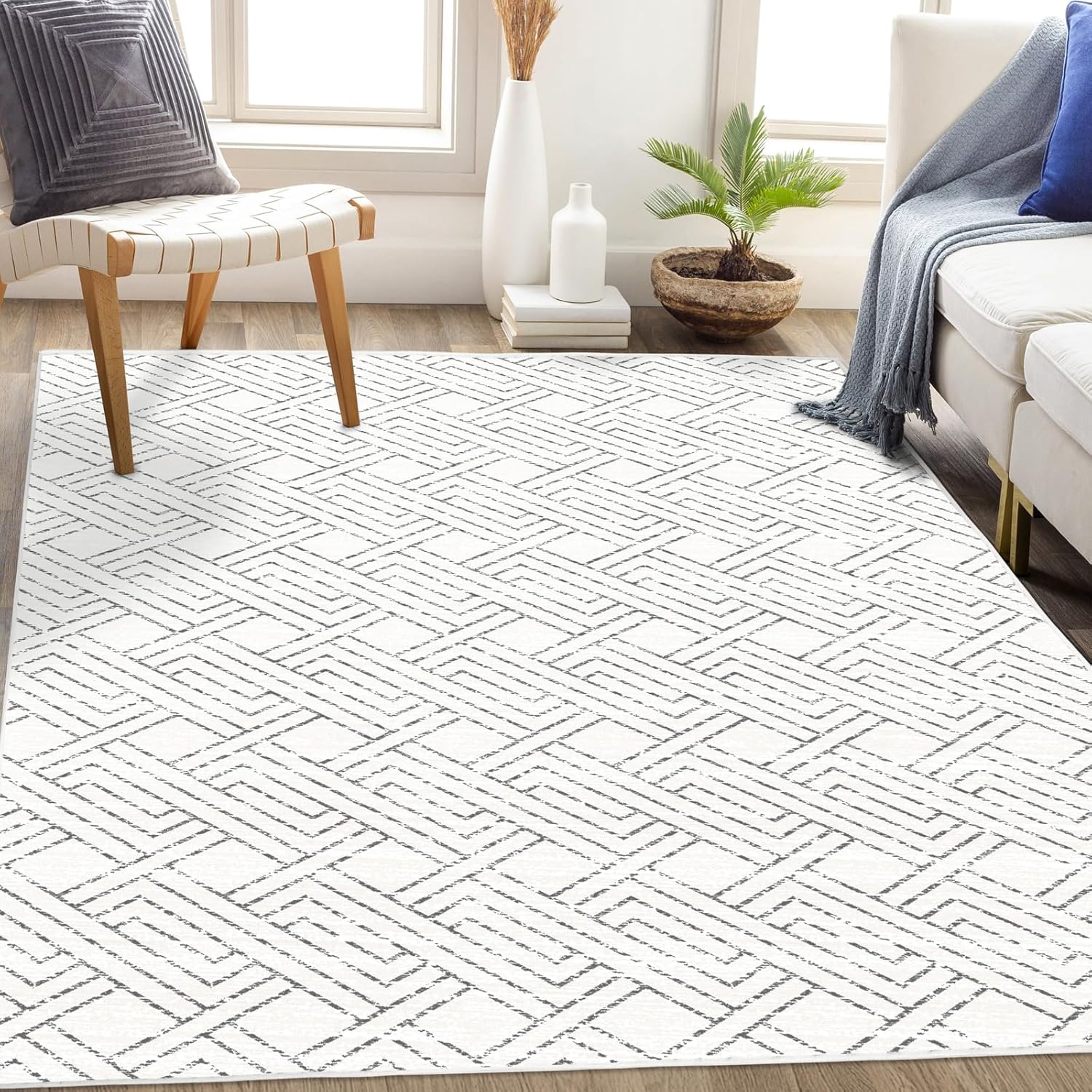 Pcinfuns Area Rug 5x7, Washable Rug for Living Room,Non Slip Rugs for Bedroom, Morden Farmhouse Indoor Floor Carpet for Bathroom Dining Room, Grey White Geometry