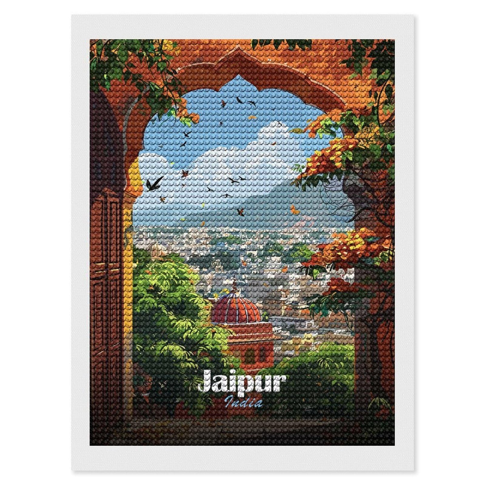 Junmoney Jaipur, India Cityscape Through Archway Diamond Painting Set 12"x16", Neat Printed Canvas, with Tool Kit, Bedroom Decor, Gift Idea, Complete Accessories