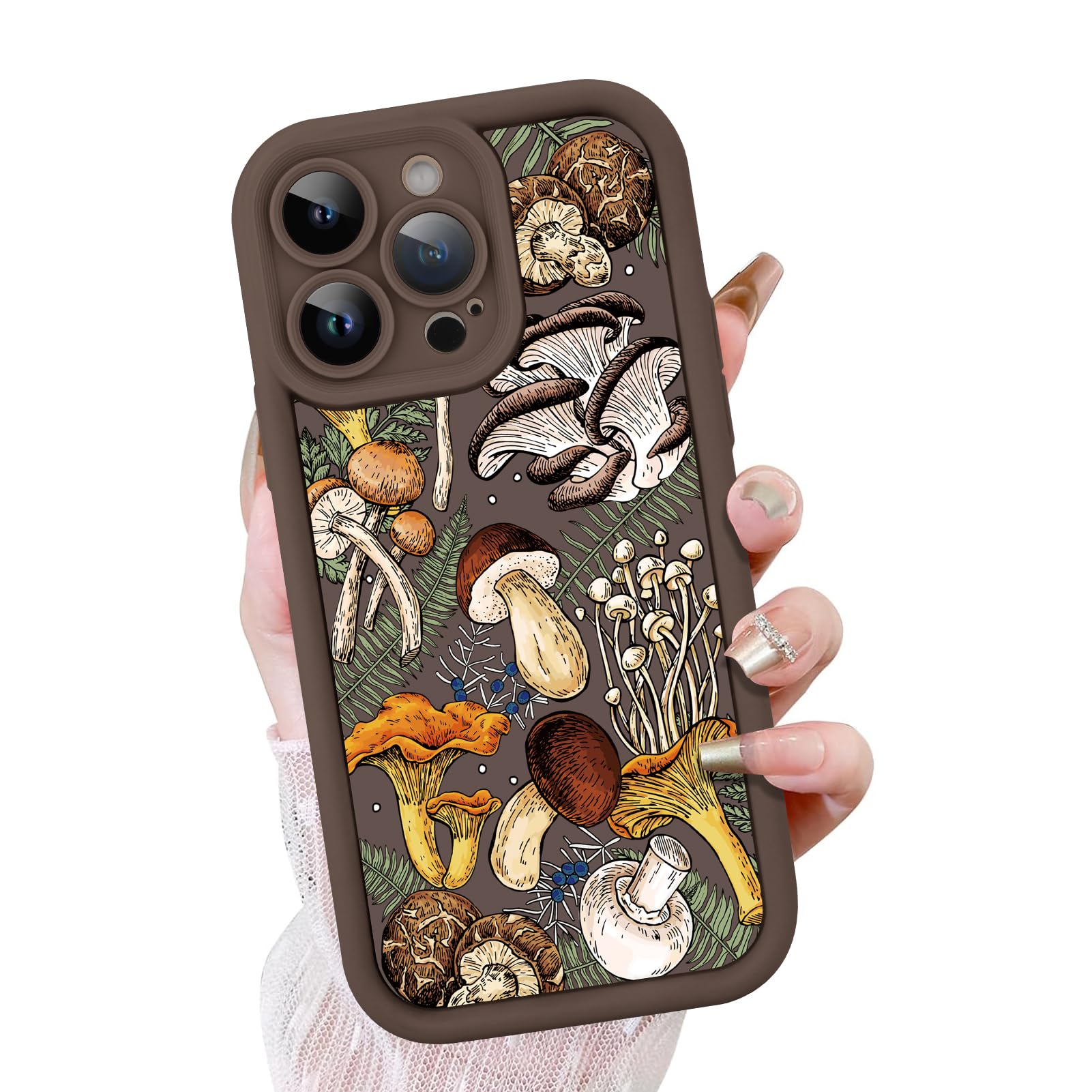 KANGHAR Case for iPhone 16 Pro Case, Cute Mushroom Art Design Soft TPU Shockproof Protective for Women Girls Slim Phone Cover-Brown