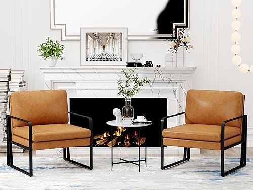 Miniatura 9 de Andeworld Juego de 2 sillas decorativas modernas, de mediados de siglo, para sala de estar, sofá tapizado de piel sintética con patas de metal para