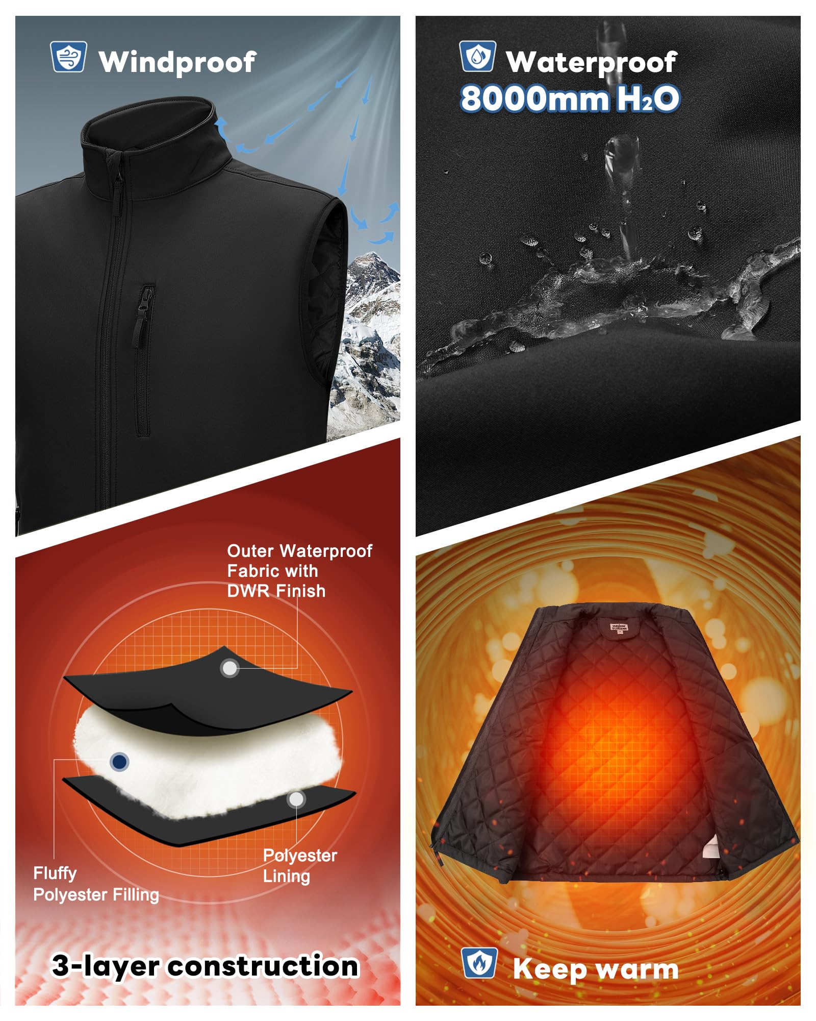 Outdoor Ventures Gilet softshell pour homme avec doublure rembourrée - Imperméable - Coupe-vent - Respirant - Sans manches - Pour le cyclisme, la course, la randonnée
