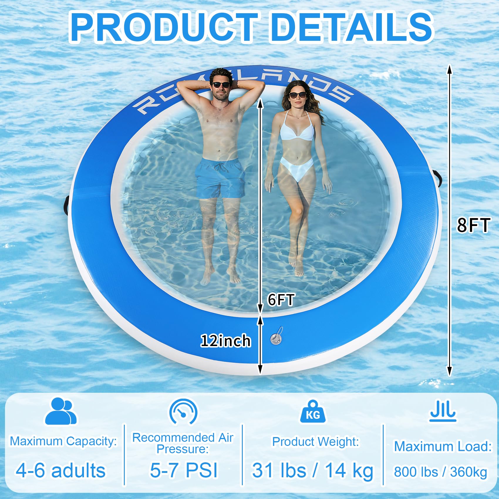 Hamaca hinchable de 245 cm, anillo de natación redondo como plataforma flotante para fiestas de verano, plataforma de natación para lagos, piscinas y el mar