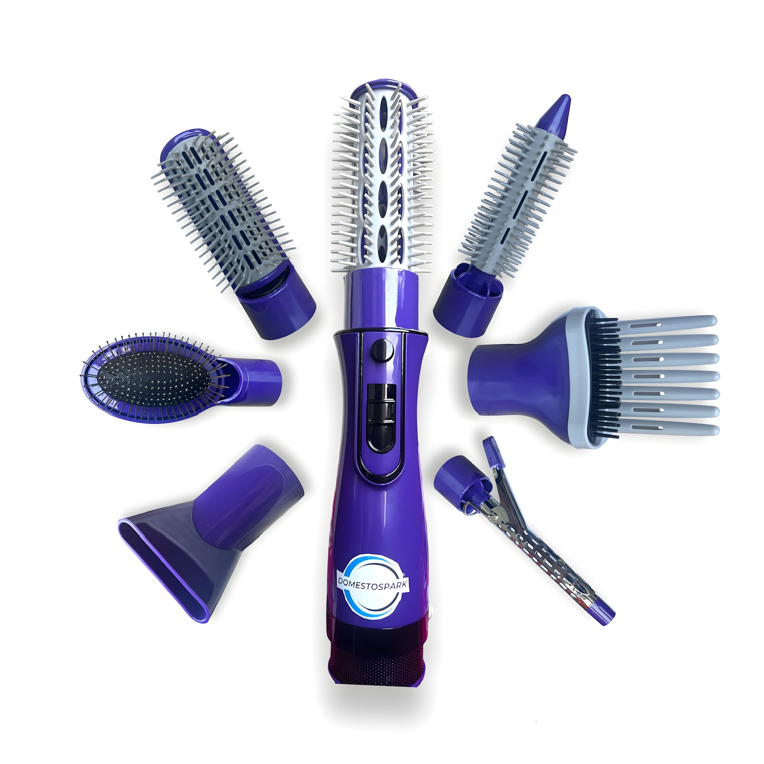 Domesto Spark,Hair Styler multi function With 7 Attachments, German Technology, Hair Styling Tool with Blow Brush, Soft Brush, Big & Small Roller Brush, Clip Pipe, Curler, & Dryer