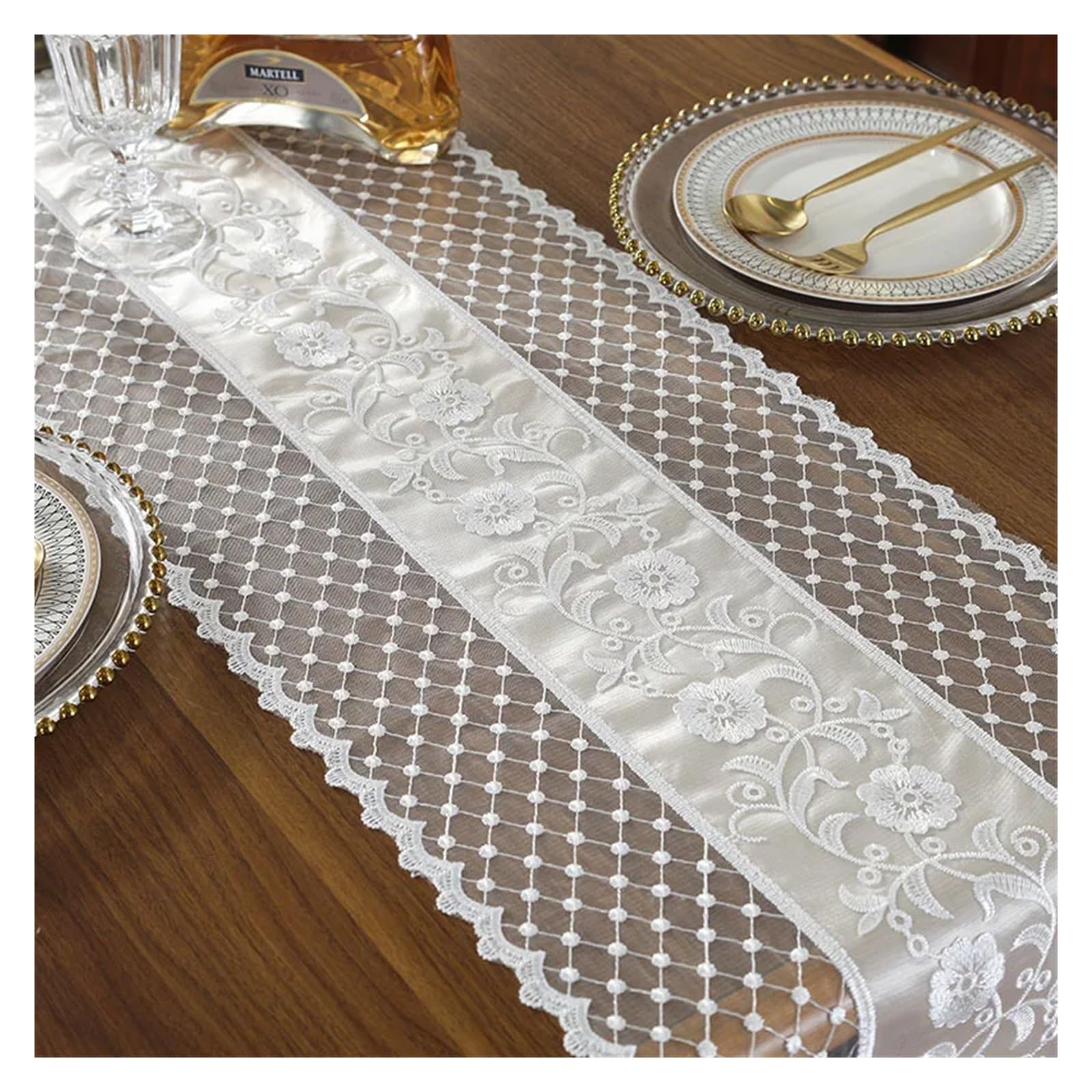 Haftowana koronka w kolorze białym, prosta bieżnik na stolik kawowy, flaga, obrus na szafkę, dekoracja na wesele i święta(Light Champagne,30x120cm)