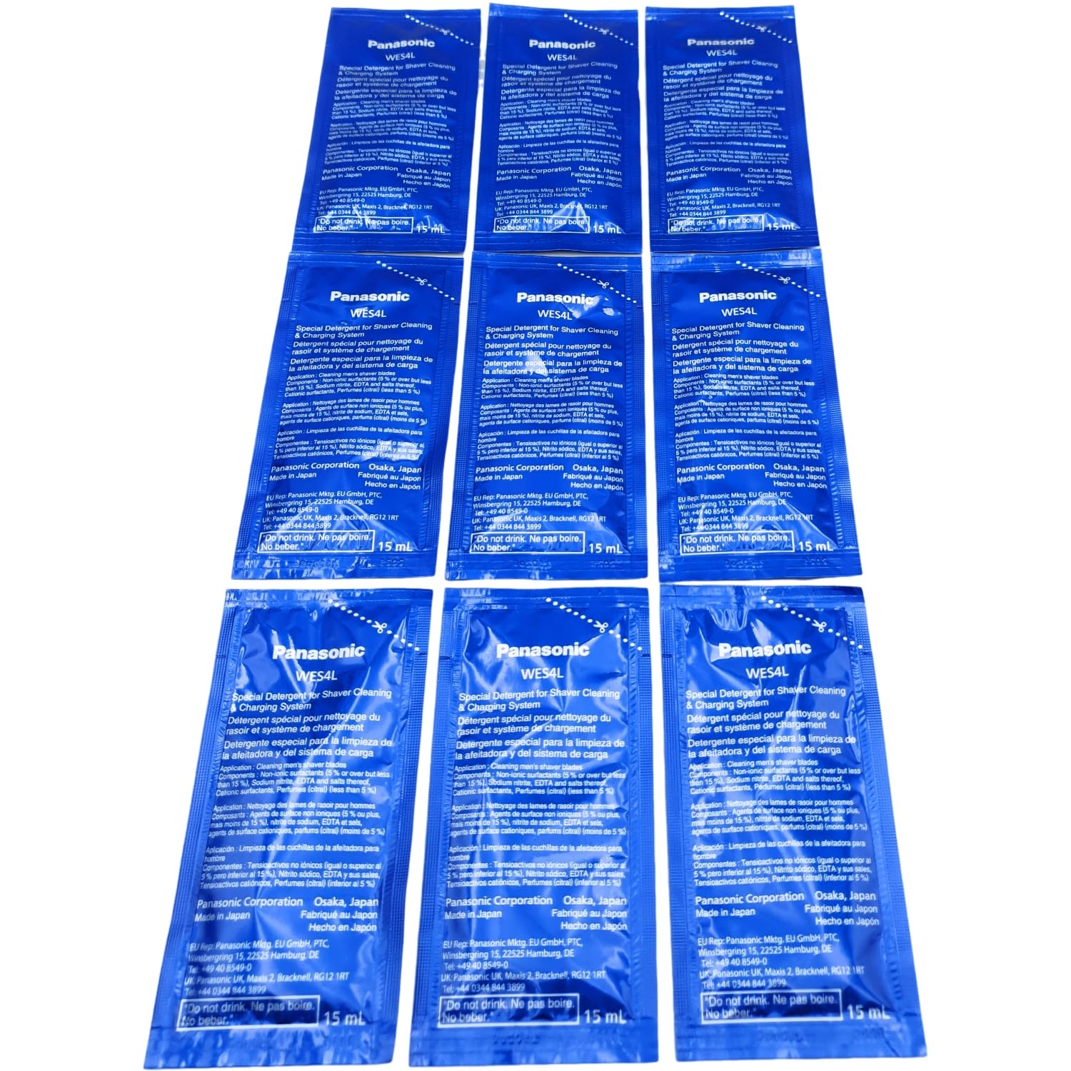 WES4L03-803 Lot de 3 flacons de liquide de nettoyage et de charge compatible avec Panasonic ES-LS9A ES-LV9Q ES-LV9N ES-LV97 ES-LV95 3 x 15 ml (9 sachets) sans système de cartouche