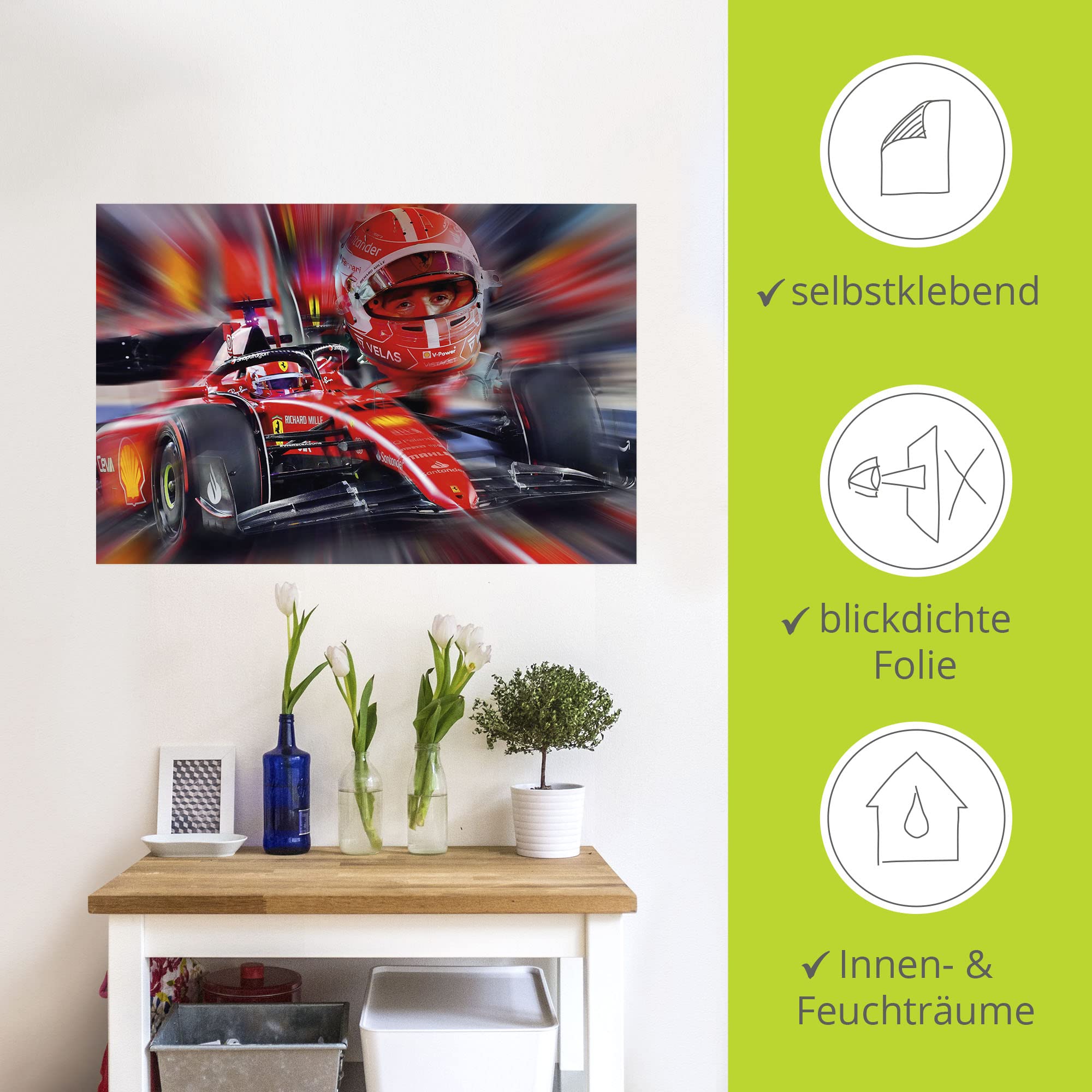 ARTland Wanddeko Wandtattoo selbstklebende Vinylfolie 90x60 cm Formel 1 Ferrari Charles Leclerc Monaco Rennwagen Motorsport U4KZ