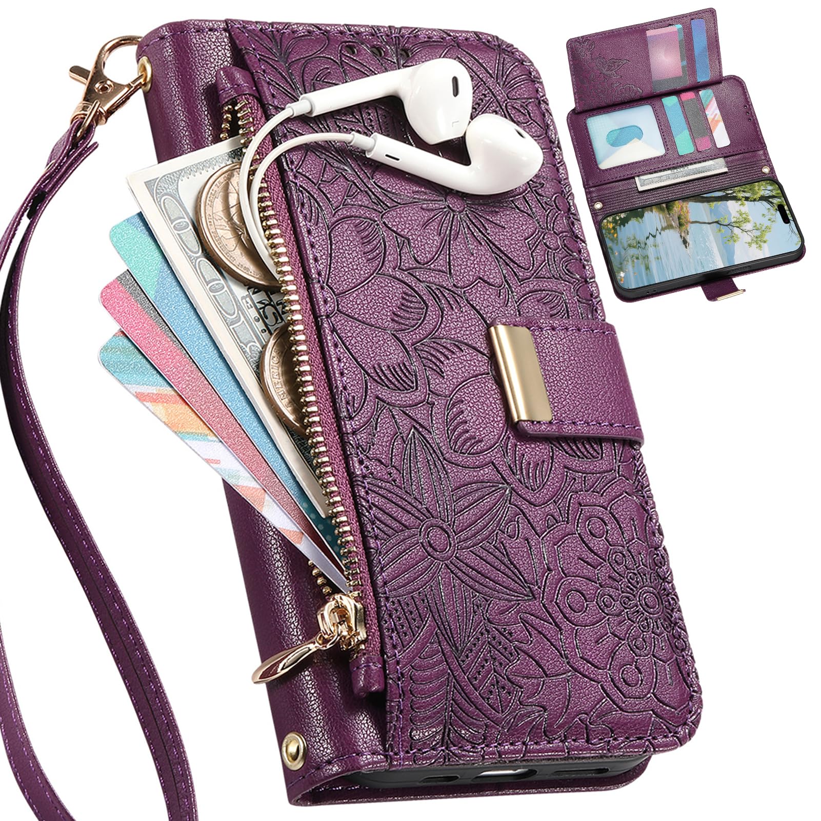Custodia Portafoglio Per OPPO A80 5G Con Gatto In Rilievo - Pelle Viola Con Blocco RFID, Slot Carte E Laccetto - 3