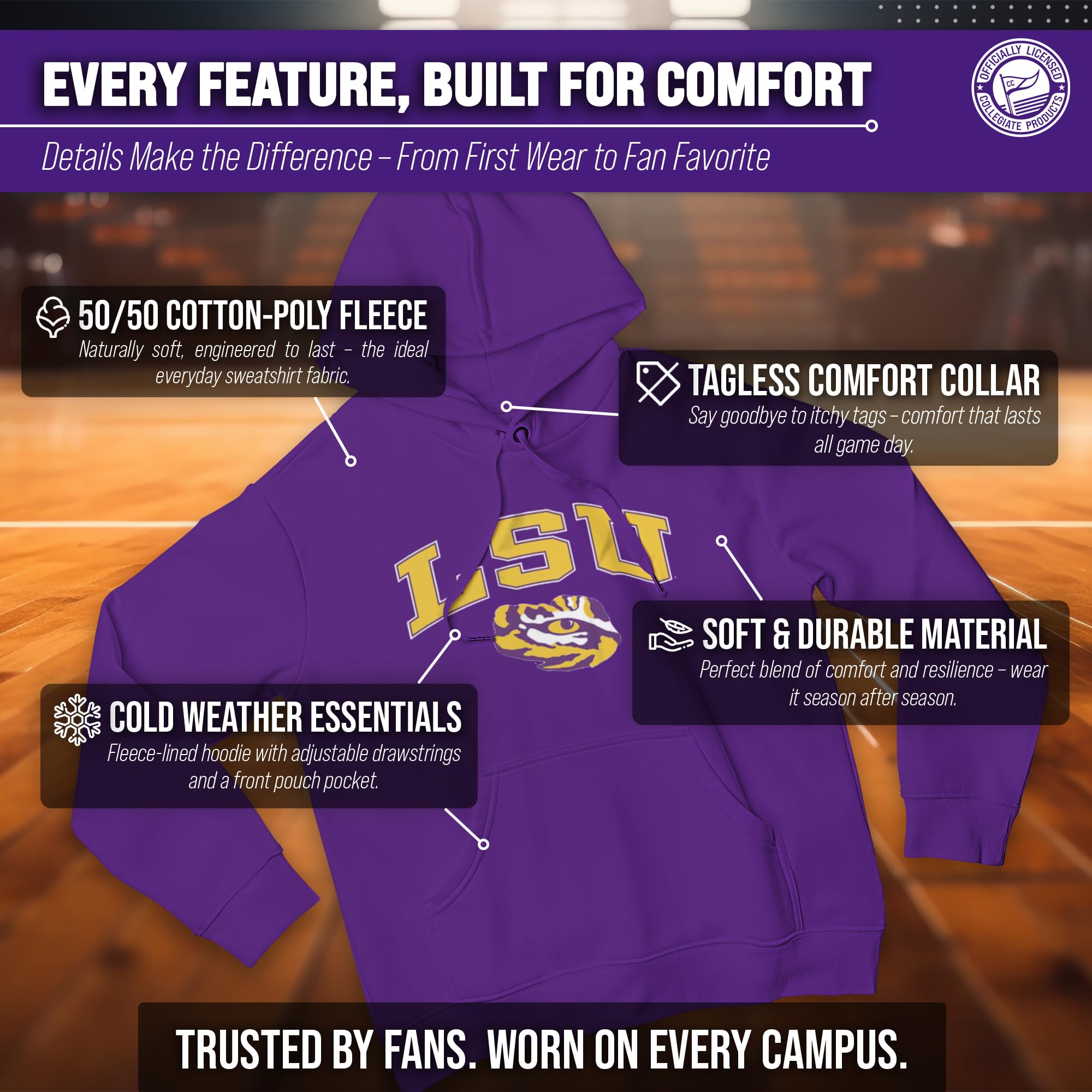 Campus Colors NCAA Unisex Hooded Sweatshirt - Long Sleeve Gameday Hoodie, Purple, Large
