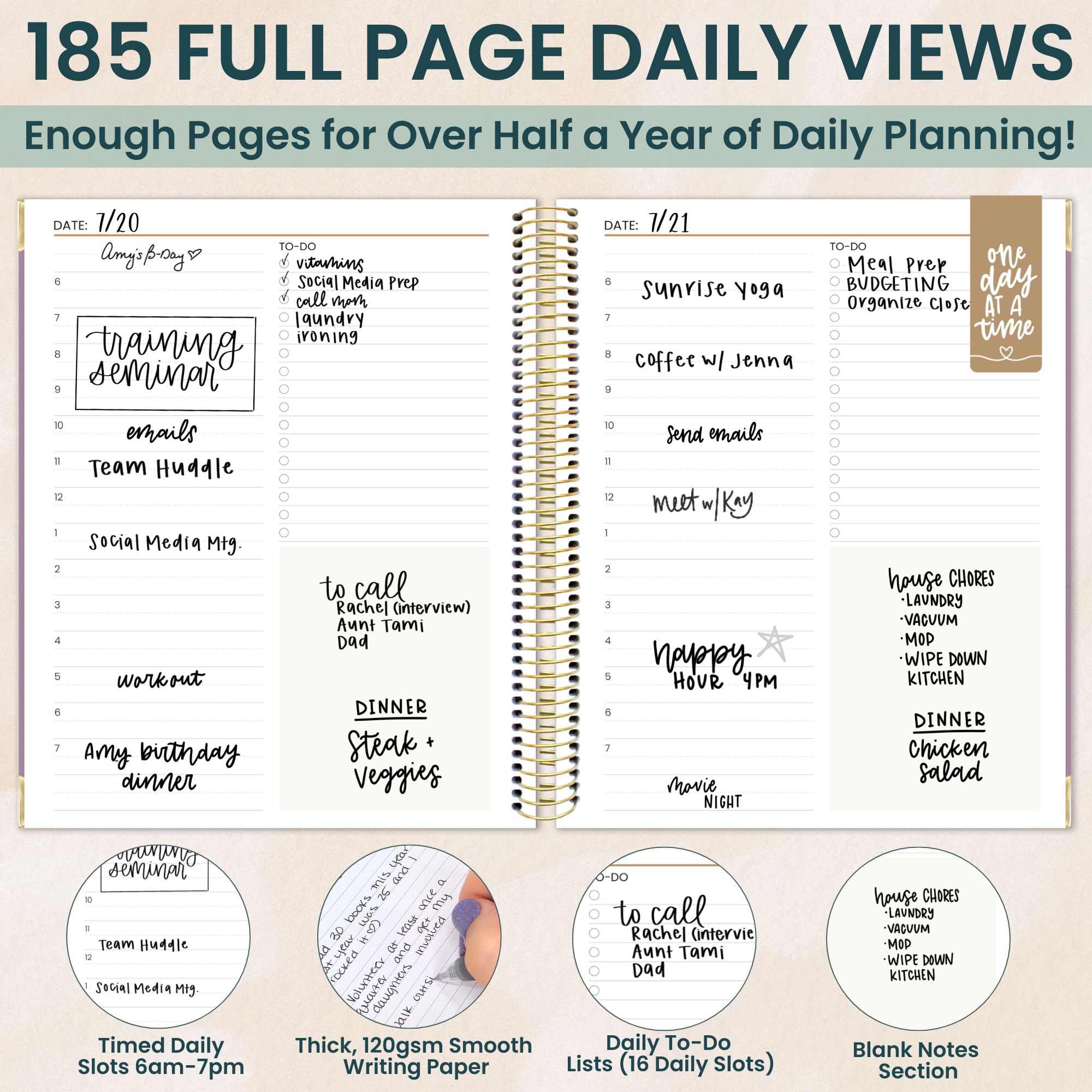 bloom daily planners Undated To-Do List Planner with Hourly Timed Schedule for Appointments - 185 Daily Pages (Half Year) - Hard Cover Page A Day Agenda (7 x 9) - Purple Linen - Image 3
