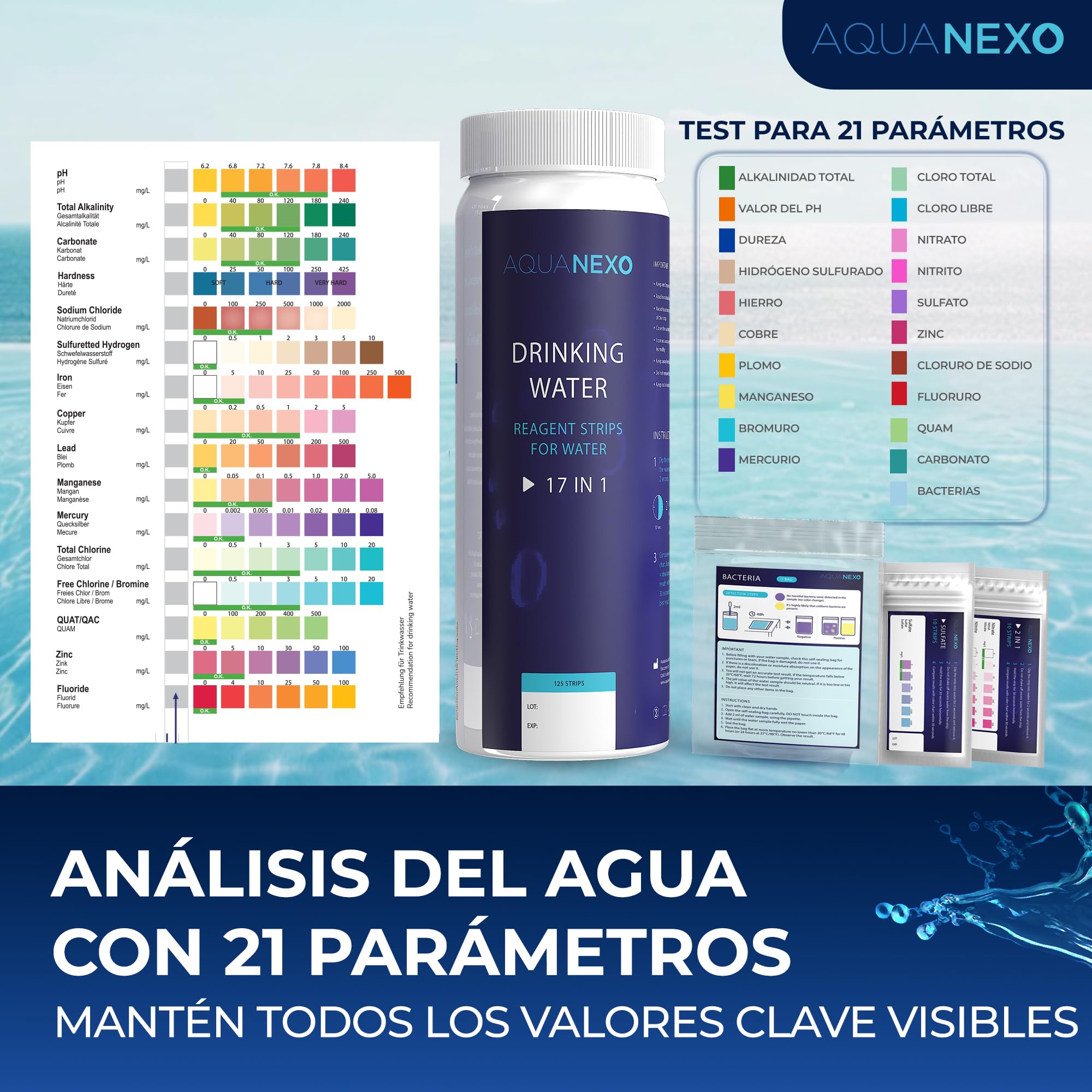 21 parámetros, 125 + 20 tiras de prueba de agua potable + 2 x pruebas de bacterias coliformes, tiras de prueba de pH, probador de agua potable, medición de dureza del agua, prueba de dureza
