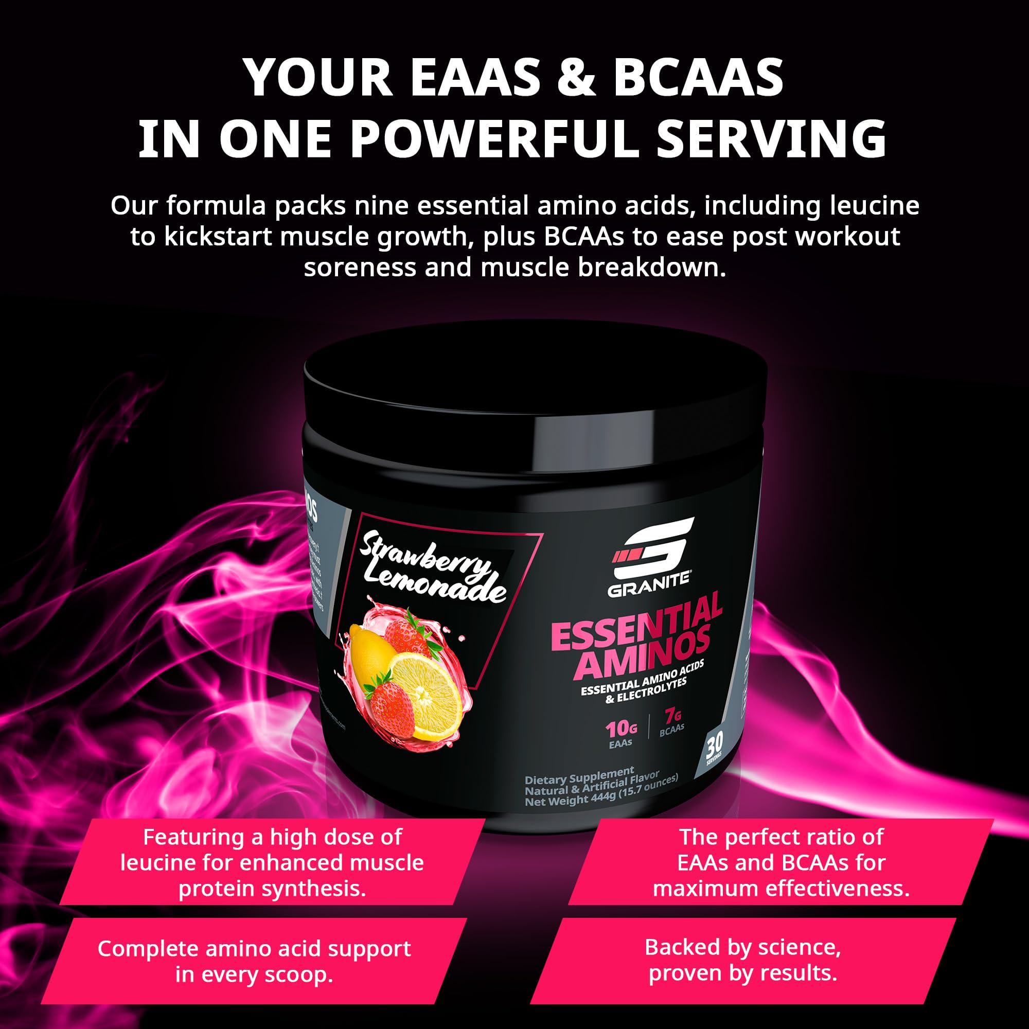 (inv) Granite Essential Amino Acids Powder for Muscle Recovery and Growth with 10g EAAs and 7g BCAAs - Soy-Free, Gluten-Free, 448g (30 Servings), Strawberry Lemonade