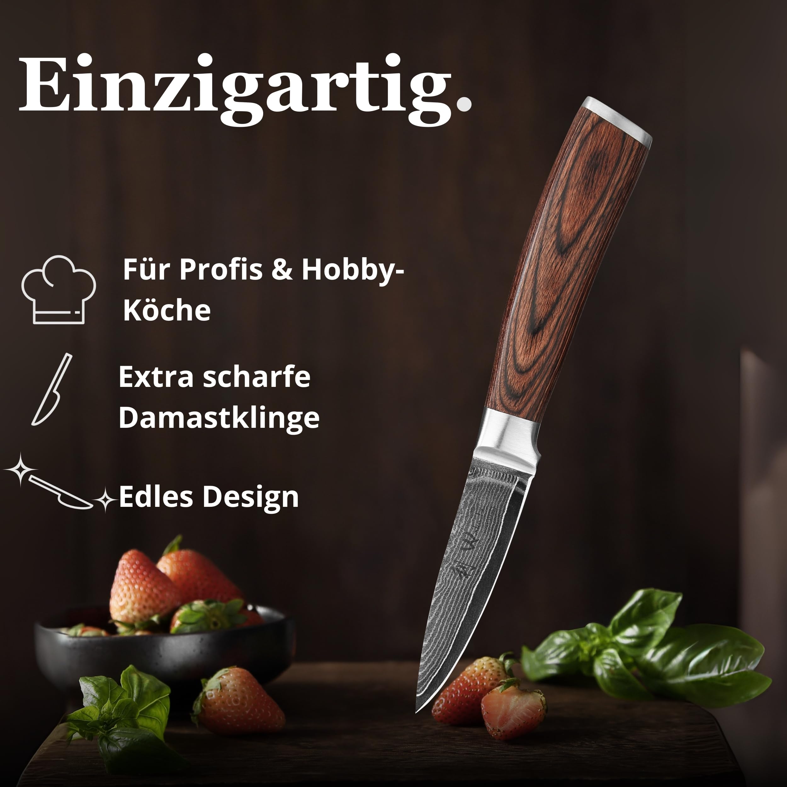 Wakoli EDIB Officemesser aus echtem Damaststahl (VG10 Kern) mit 8,5 cm Klinge – Scharf und handlich – Kleines Küchenmesser, Obstmesser & Gemüsemesser – Damastmesser mit Pakkaholzgriff in Geschenkbox