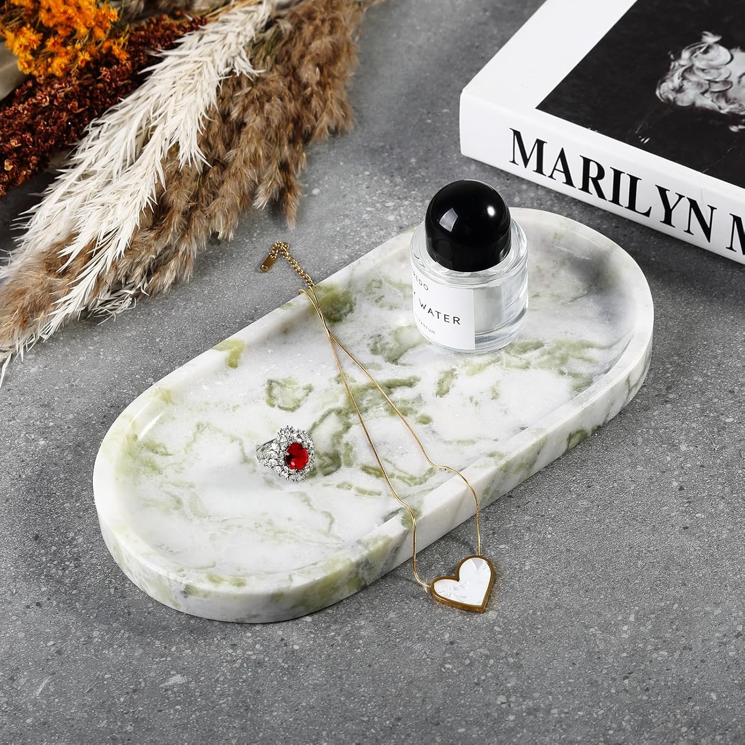 Koville Marble Vanity Tray for Bathroom Countertop, Green Marble Bathroom Tray Perfume Trays for Dresser, Stone Jewelry Dish Stone Trays for Kitchen Counter, Candle Holder for Home Decor - Image 5
