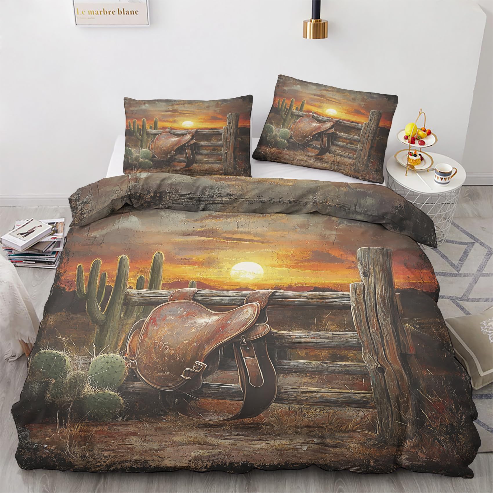 Housse de couette 200x200 western avec 2 taies d'oreiller imprimé cowboy pour lit 2 personnes