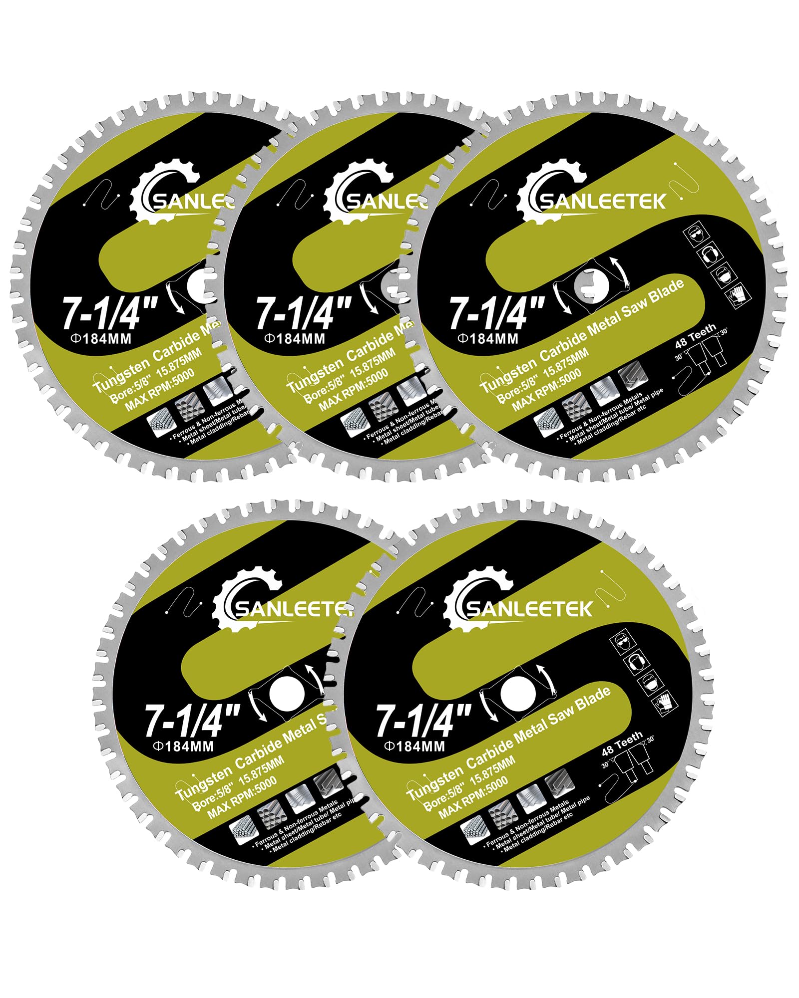 184mm Circular Saw Blade Metal - 5pcs SANLEETEK Tungsten Carbide Tipped Saw Blade TCT Cutting Disc 48T for Steel Iron Stainless Steel Ferrous Metals Pipe Bore 15.875mm