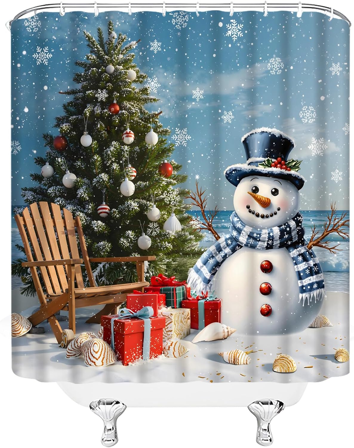Christmas Tree Shower Curtain Cute Winter Xmas Snowman Snowflake Ocean Beach Chair Seashell 70" Wx84 H Fabric Bathroom Decor Curtain with Hooks
