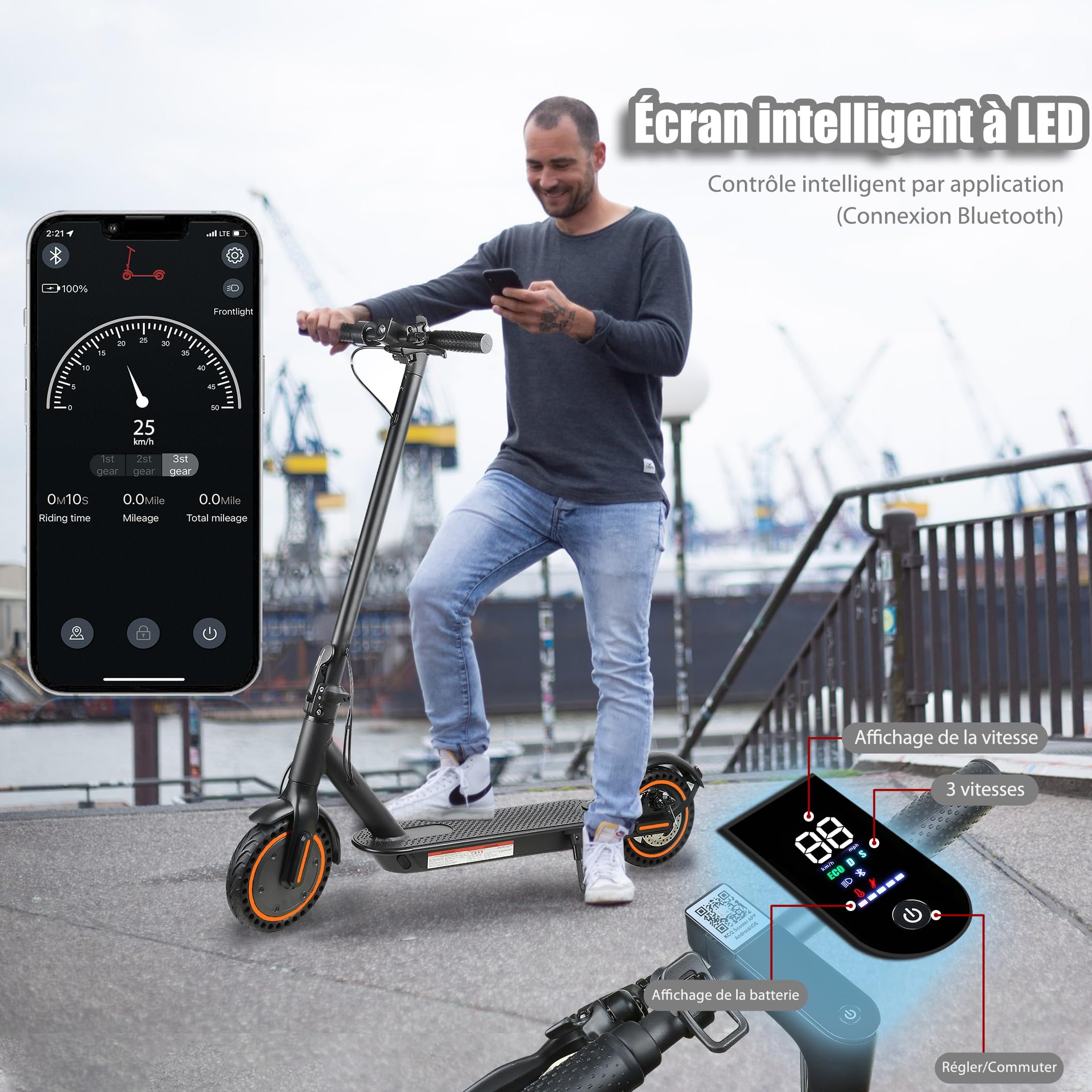 Trottinette Electrique Adulte Pliable, autonomie de 30 km,Vitesse maximale de 25 km/h,Double système de freinage Batterie 36V 7.8Ah-Loisirs et divertissements,