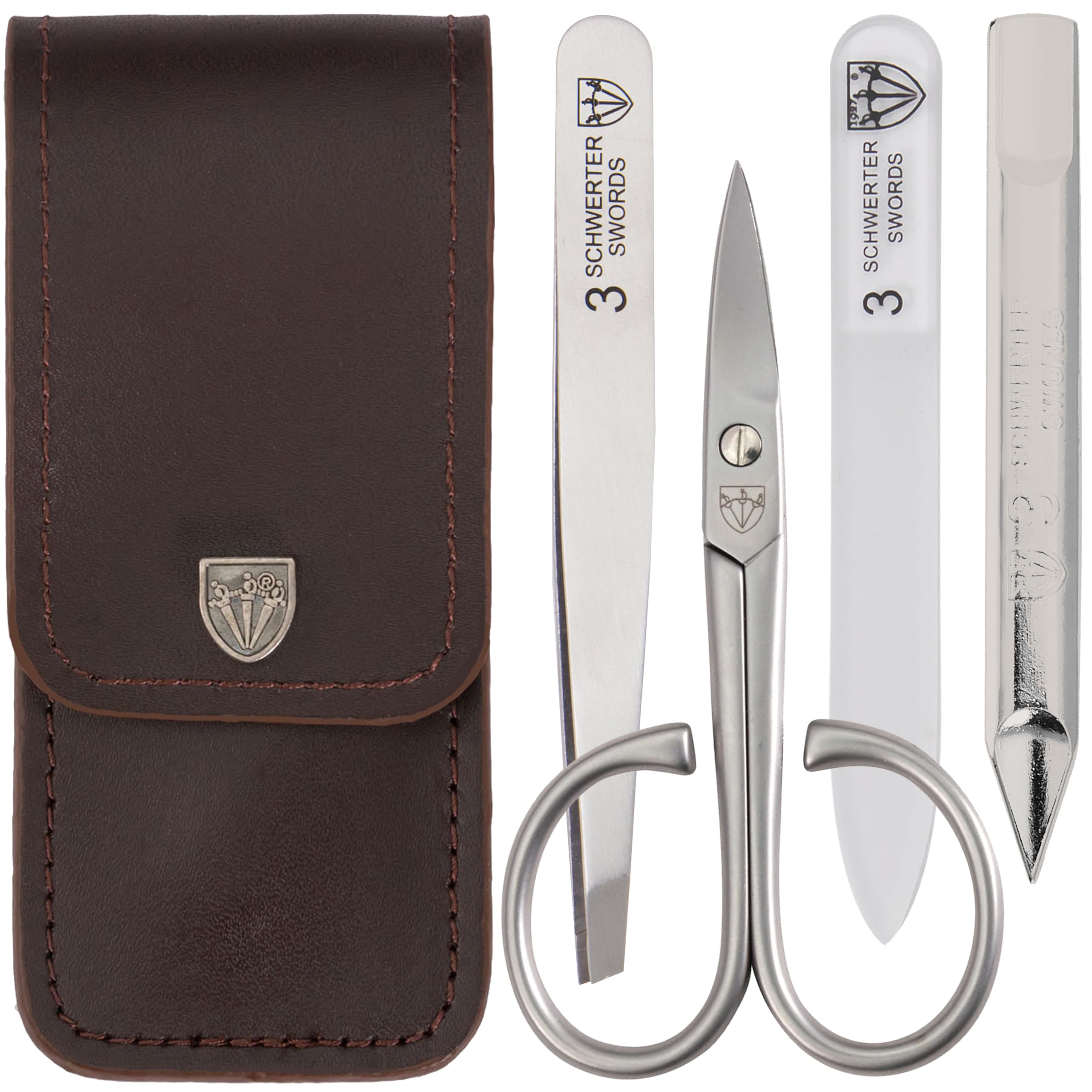 brand quality 3 piece stainless steel INOX manicure pedicure grooming kit set for professional finger & toe nail care scissors file tweezers genuine leather case in gift box (03874)