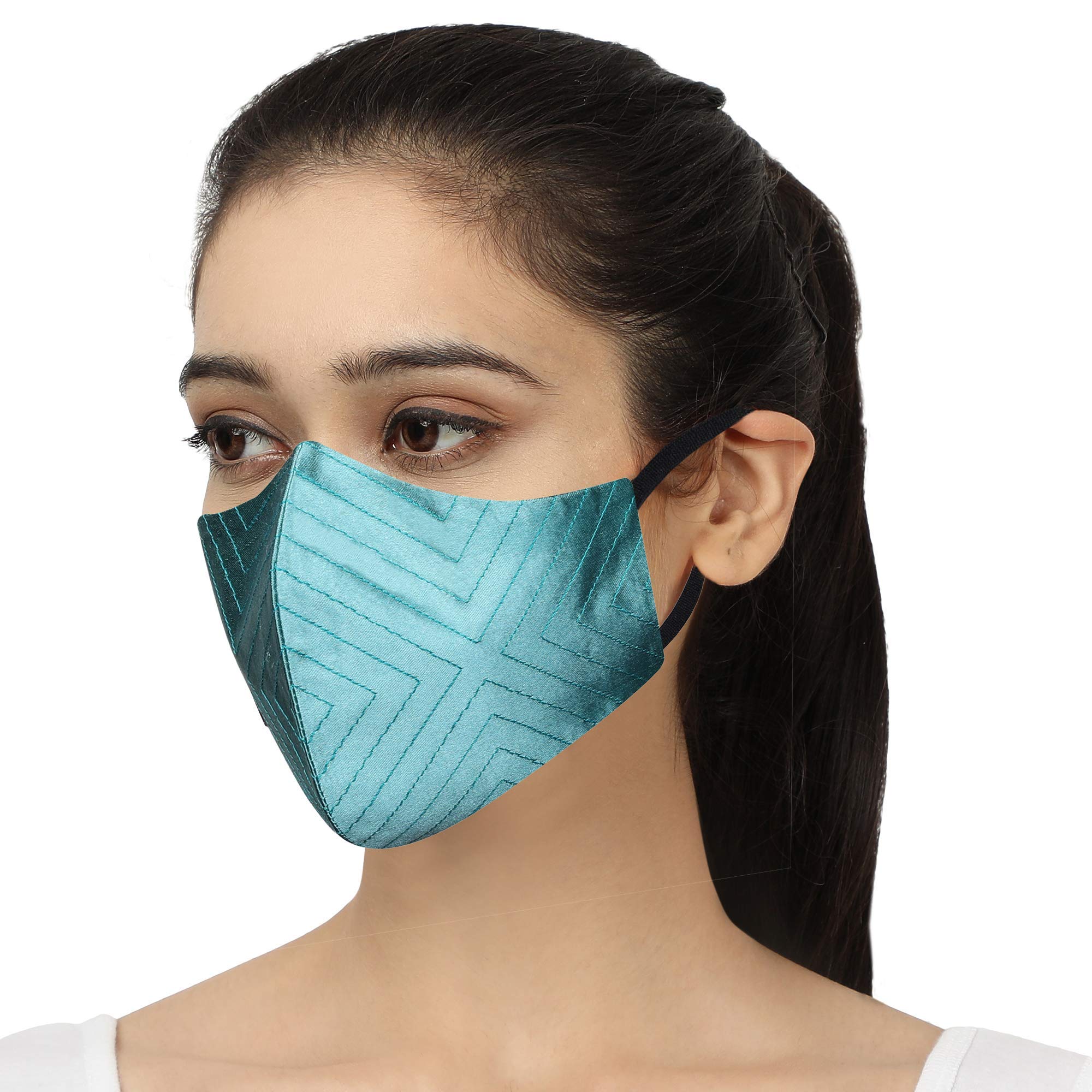 MASQ Satin Cloth 4 Layer Reusable Face Mask Combo for Women, Girls (Large, Teal-Gold-Pink, Without Valve, Pack of 3) 4