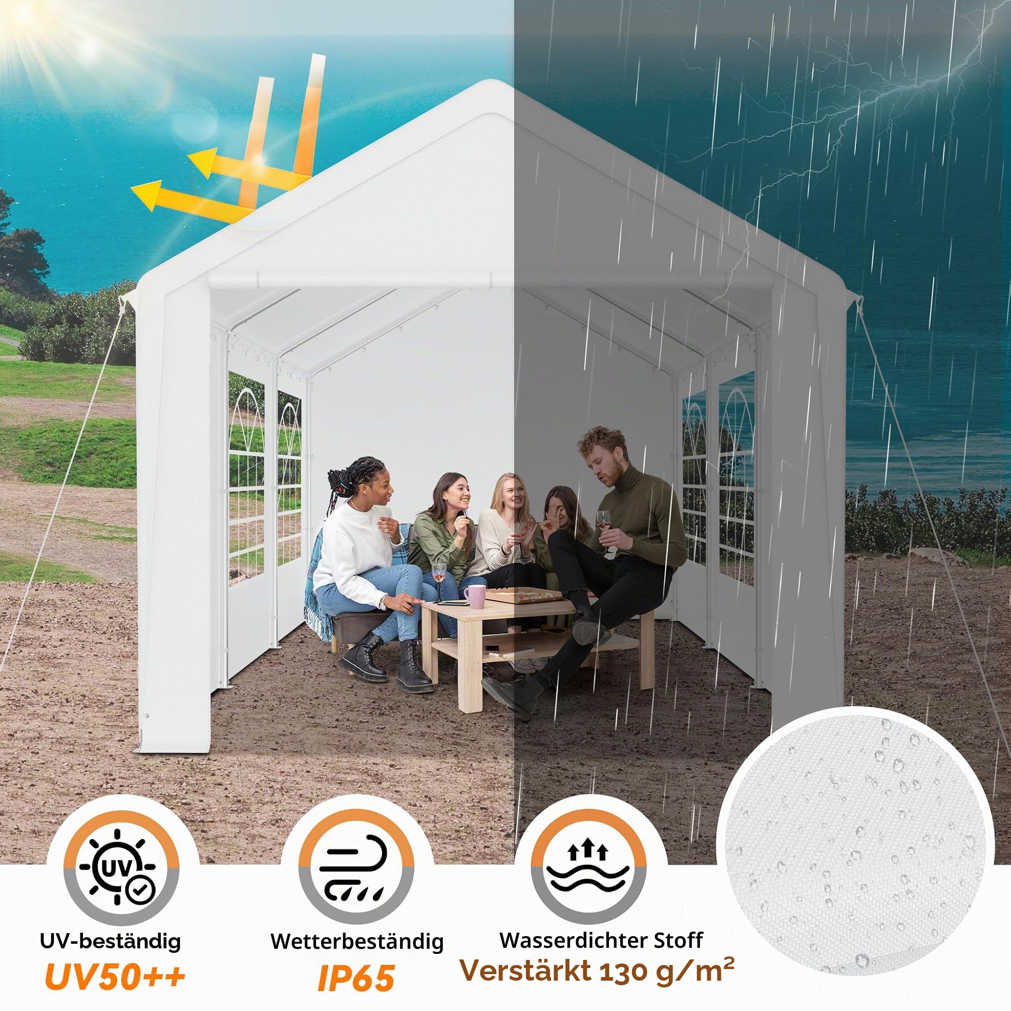 FIVMEN Pavillon Partyzelt 3x6 m mit 4 Abnehmbaren Seitenwänden Wasserdicht Stabil Winterfest Sonnenschutz Gartenpavillon Party Zelt Gartenzelt, Weiß