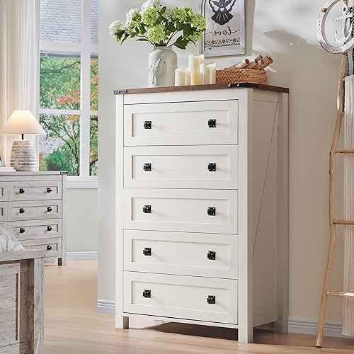 Miniatura 26 de T4TREAM Cómoda de 6 cajones estilo granja para dormitorio, cómoda rústica de madera amplia, organizador de cómodas de almacenamiento para Roble