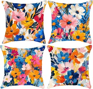 Funda Cojin 35x35 Pack de 4 Rosa Cojines de Exterior Impermeables de Lino, Cuadradas, Decorativas Color para Sofá, Muebles de Jardín, Sofá, Cama, Banco, Decoración Rústica, Regalos para Mujeres G9-371