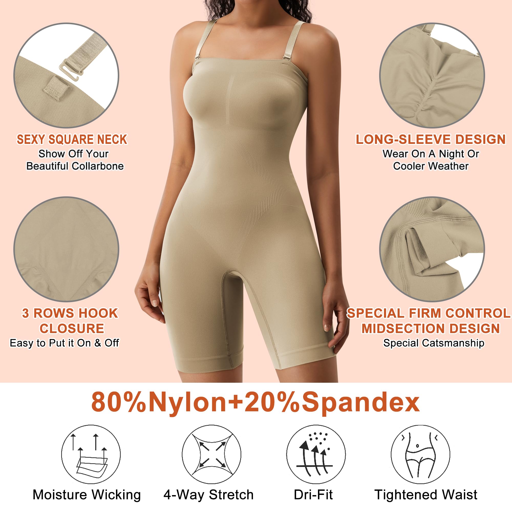 HOMETA Shapewear für Damen, Bauchkontrolle, Po-Heber, Bodyshaper, trägerlos, nahtlos, Mitte Oberschenkel, Overall, Tops