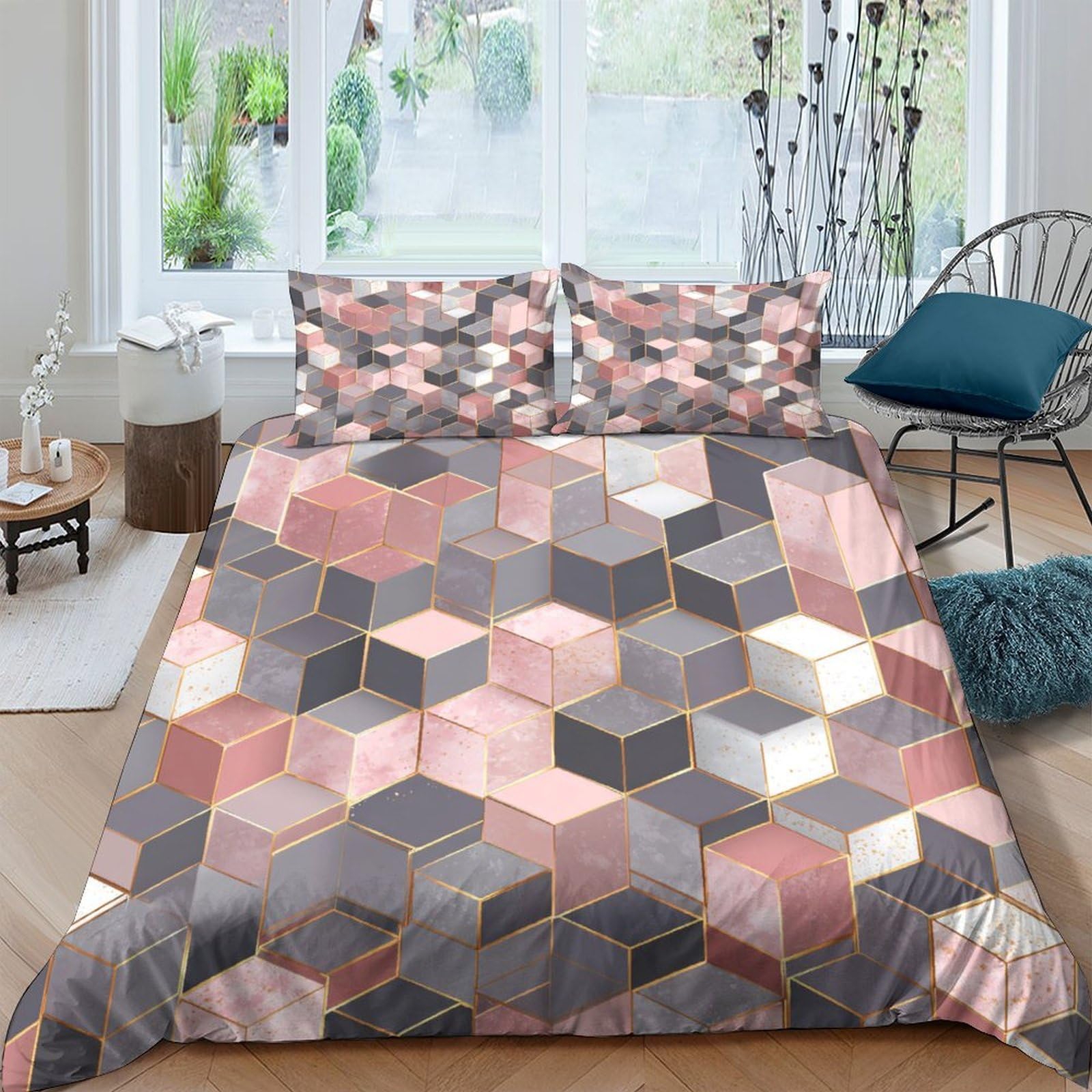 Ctjqhvkz Style-6 3D Printed Geometric Cube Fitted Sheet Microfiber Soft Bedroom Decor Pink Brown Mattress Cover For Adults Teens Single（135X200cm）