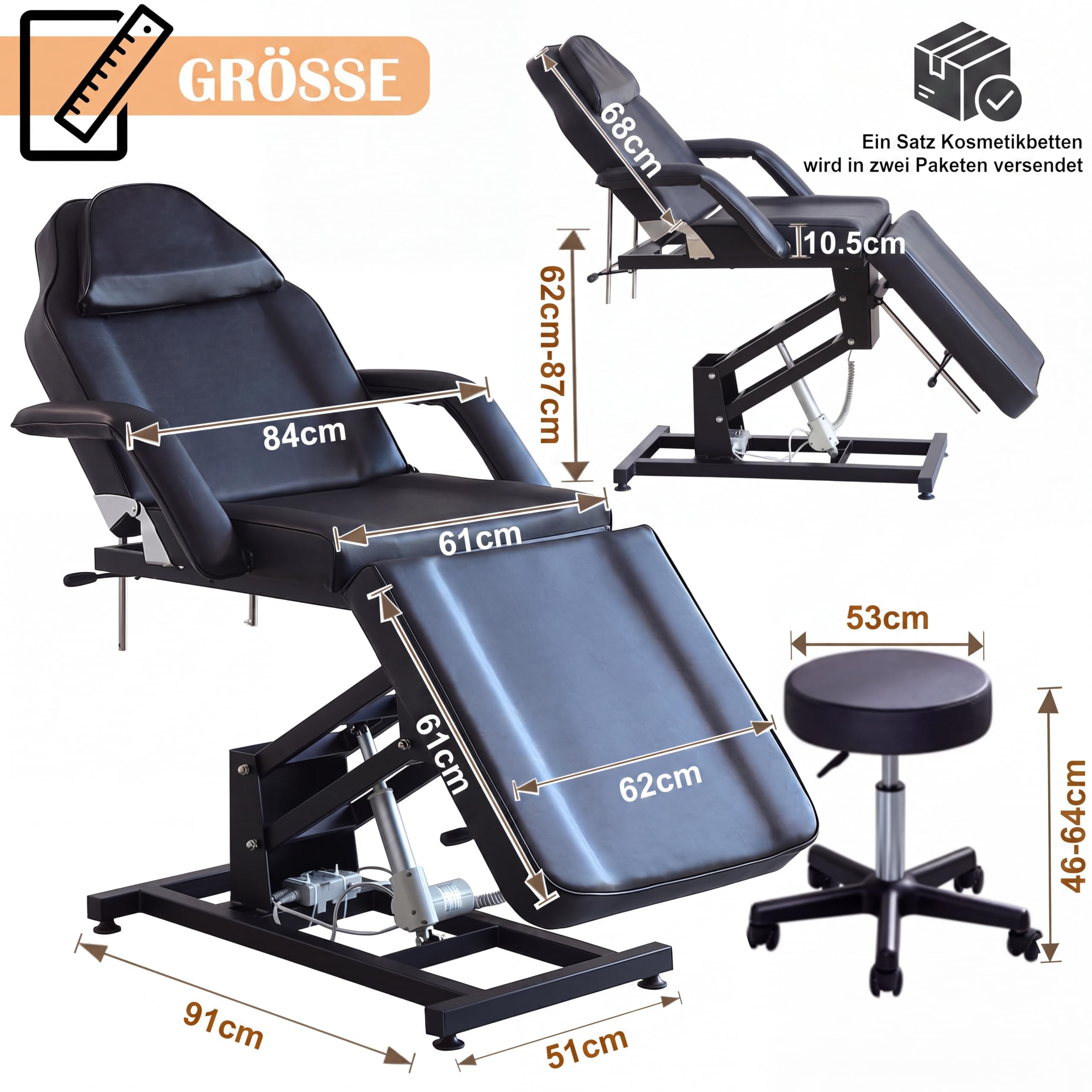 Kosmetikliege Elektrisch, Kosmetikstuhl Höhenverstellbare, Massagetisch & Tattooliege mit abnehmbaren Armlehnen & Kopfteile, Massageliegen PU-Leder Set für Spa, Tattoo, Gesichtspflege (Schwarz)