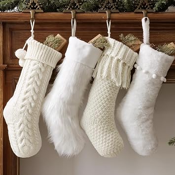 Personalized Christmas Stockings 4 Pcs 18 Inch White Farmhouse Plush Faux Fur & Cable Knitted Fireplace Xmas Stockings, Rustic Personalized Stocking Hanging Gifts Decorations for Family Holiday Decor