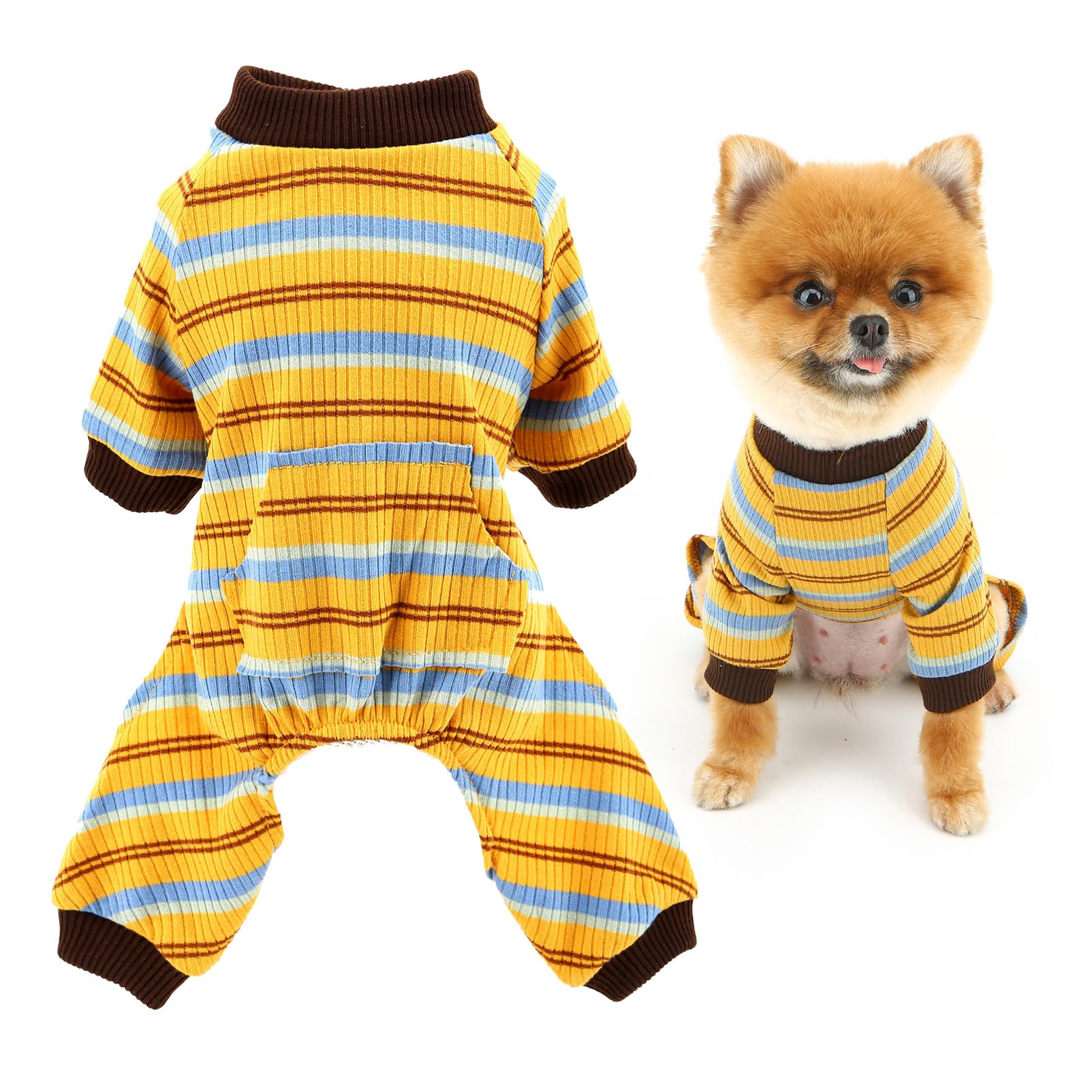 SMALLLEE_LUCKY_STORE Rainbow Striped Dog Pajamas for Small Dog Cotton Puppy Pullover Jumpsuit Stretchable Pet Pjs Summer Spring Pyjamas Breathable Chihuahua Yorkie Clothes, Yellow, S