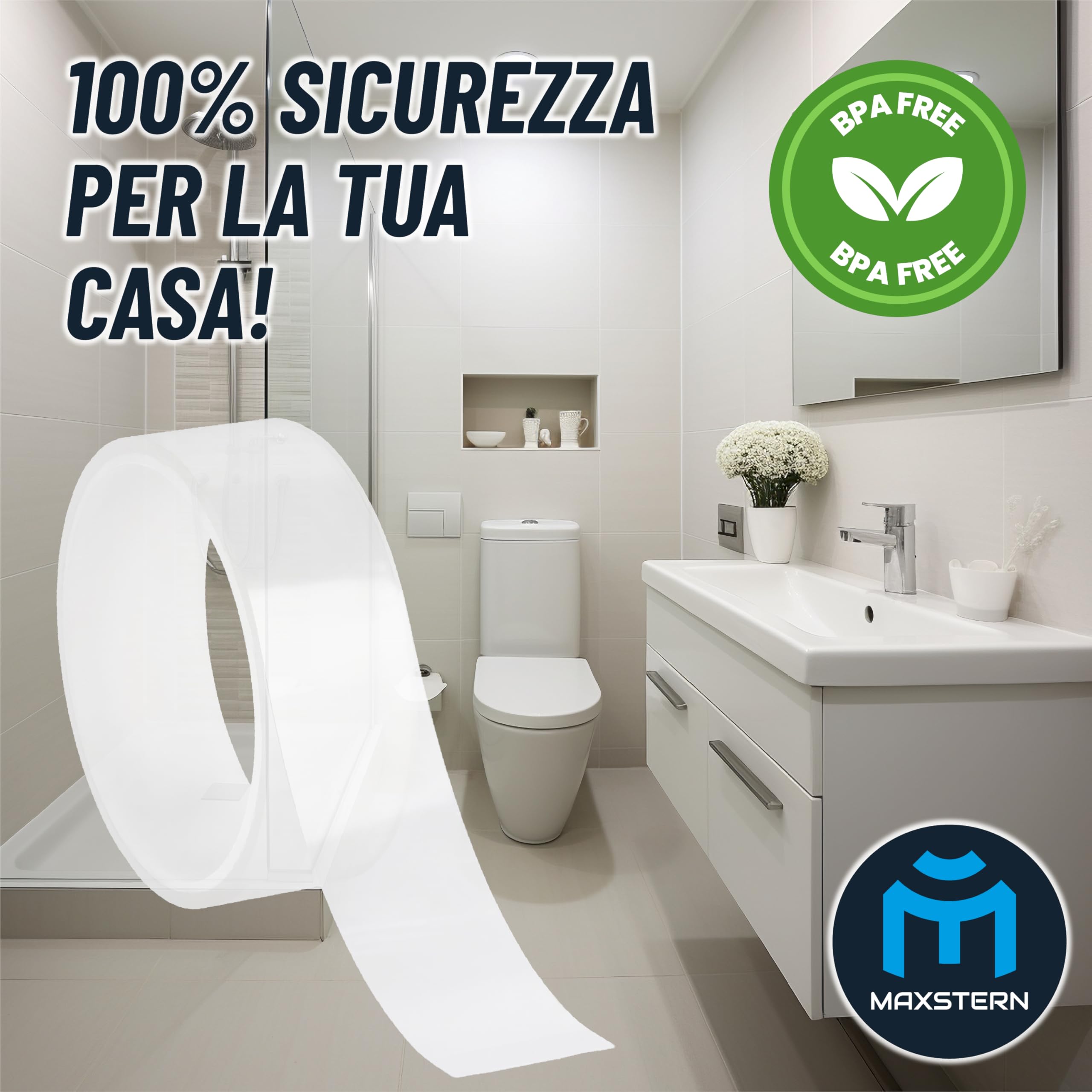Nastro Sigillante per Sanitari 3 m x 3 cm – Bianco – Spessore 1 mm – Impermeabile e Adesivo Rinforzato – Flessibile e Resistente – Con Spatola Inclusa – Ideale per Lavelli, Vasche, WC, Cucina, Bagno