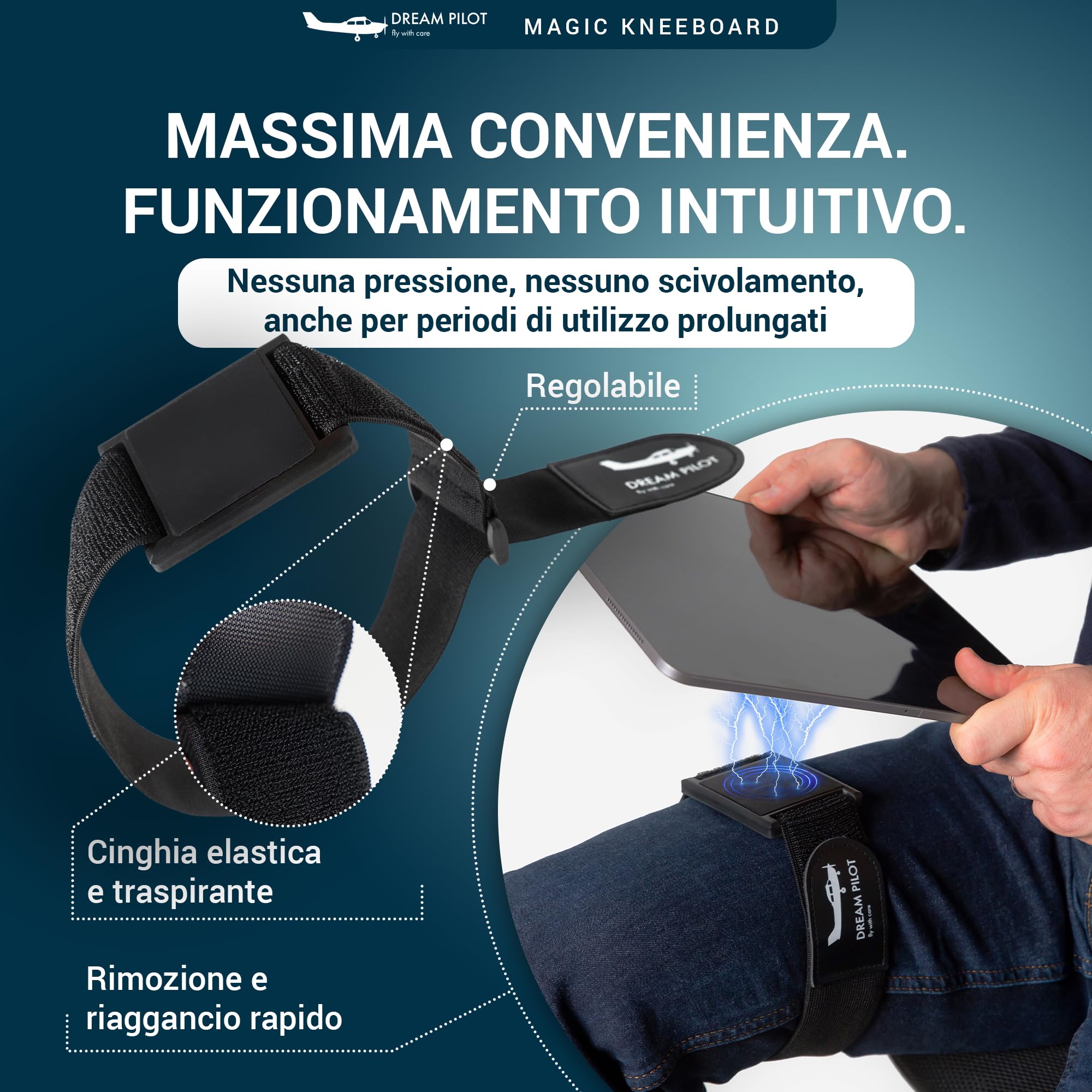 Dream Pilot Kneeboard per iPad, iPad mini, iPhone, qualsiasi smartphone Android, qualsiasi tablet, soluzione universale - sottile, stabile, design certificato MIL-STD 810G