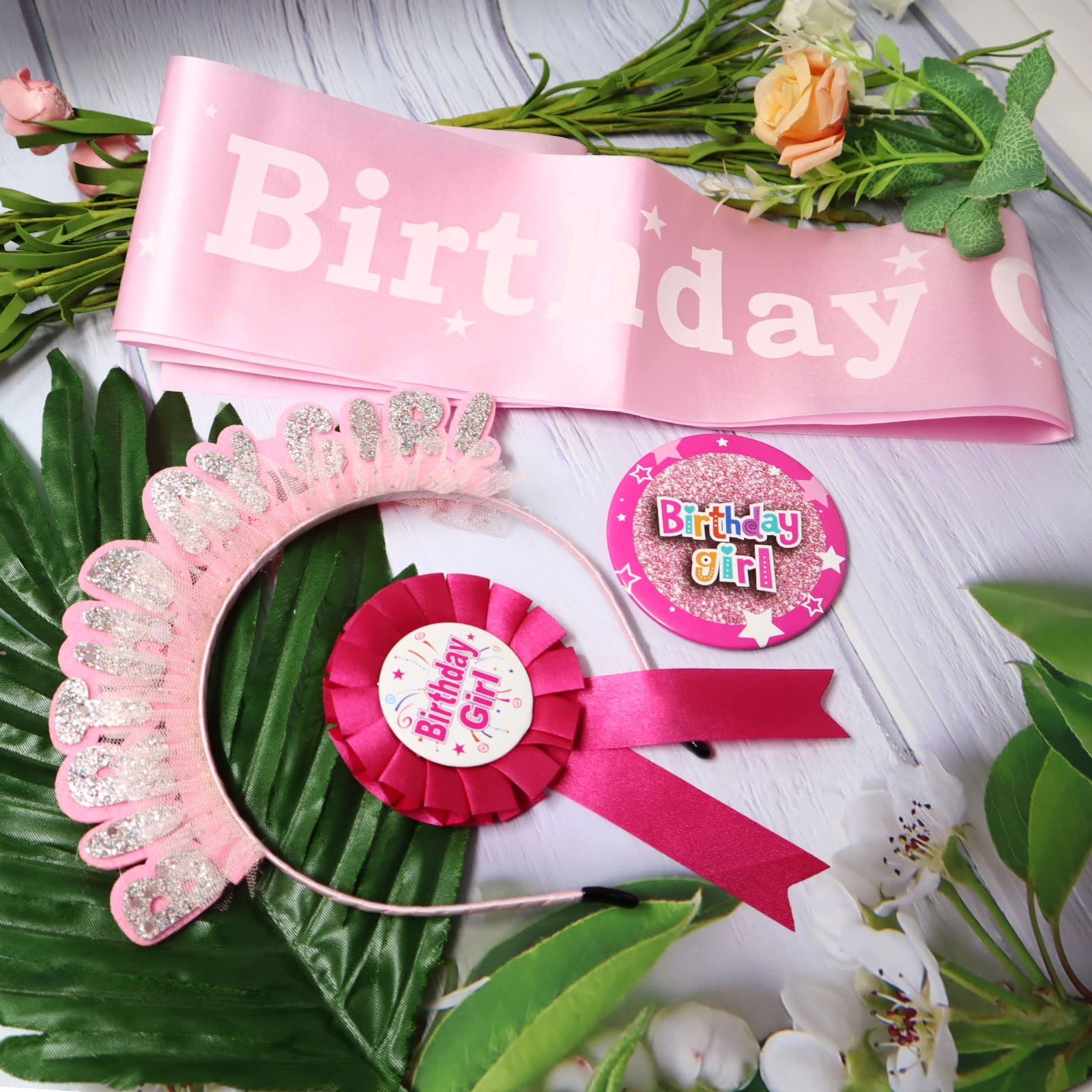 PORUPAEL Girl Birthday Celebration Set, Fuchsia Rosette Badge