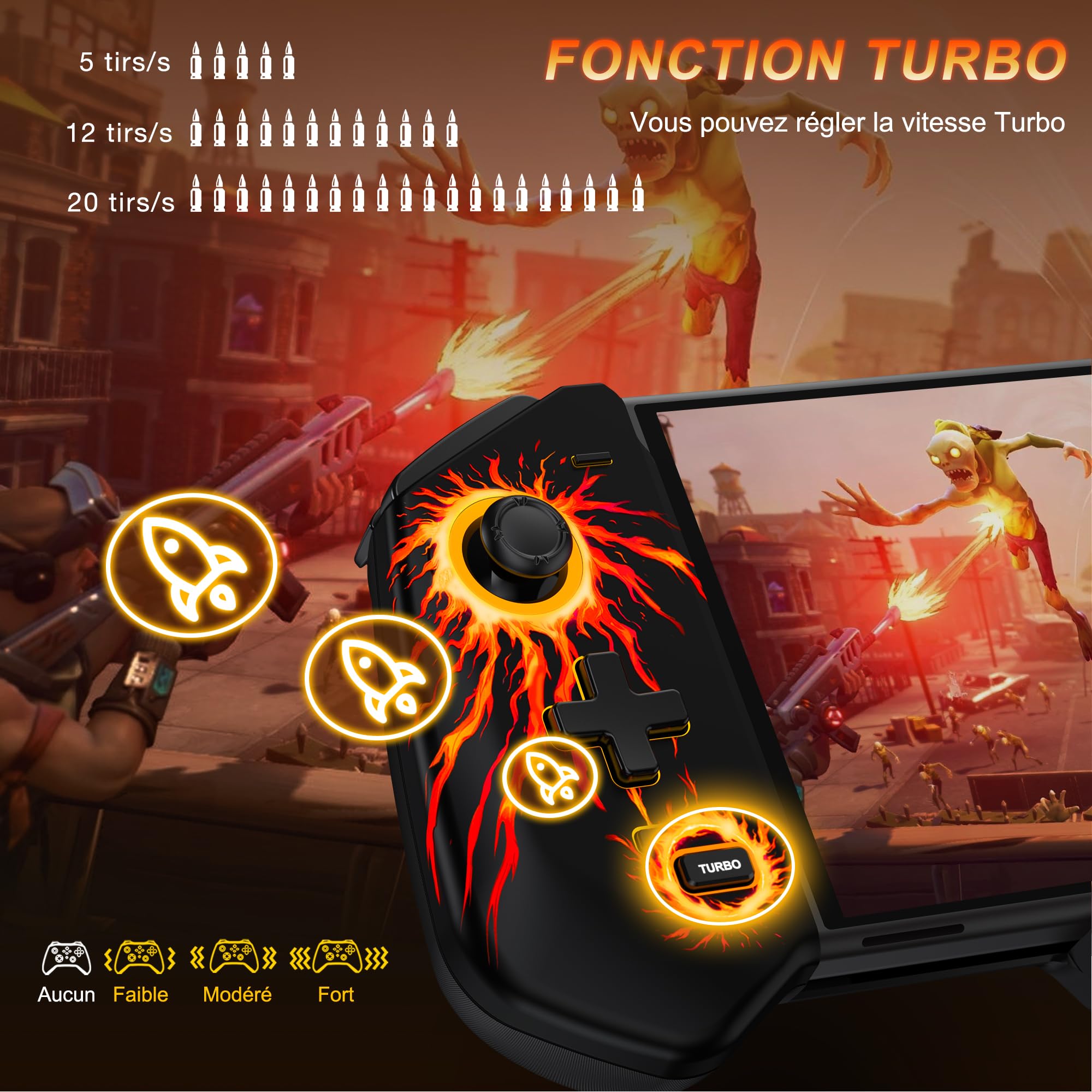 HASACOOL Manette Switch, Switch Manette pour Switch/OLED Mode Portable avec Bâtons à Effet Hall/Turbo/Support de Table/Gyroscope à 6 Axes, Grande Poignée Manette de Switch(Feu)