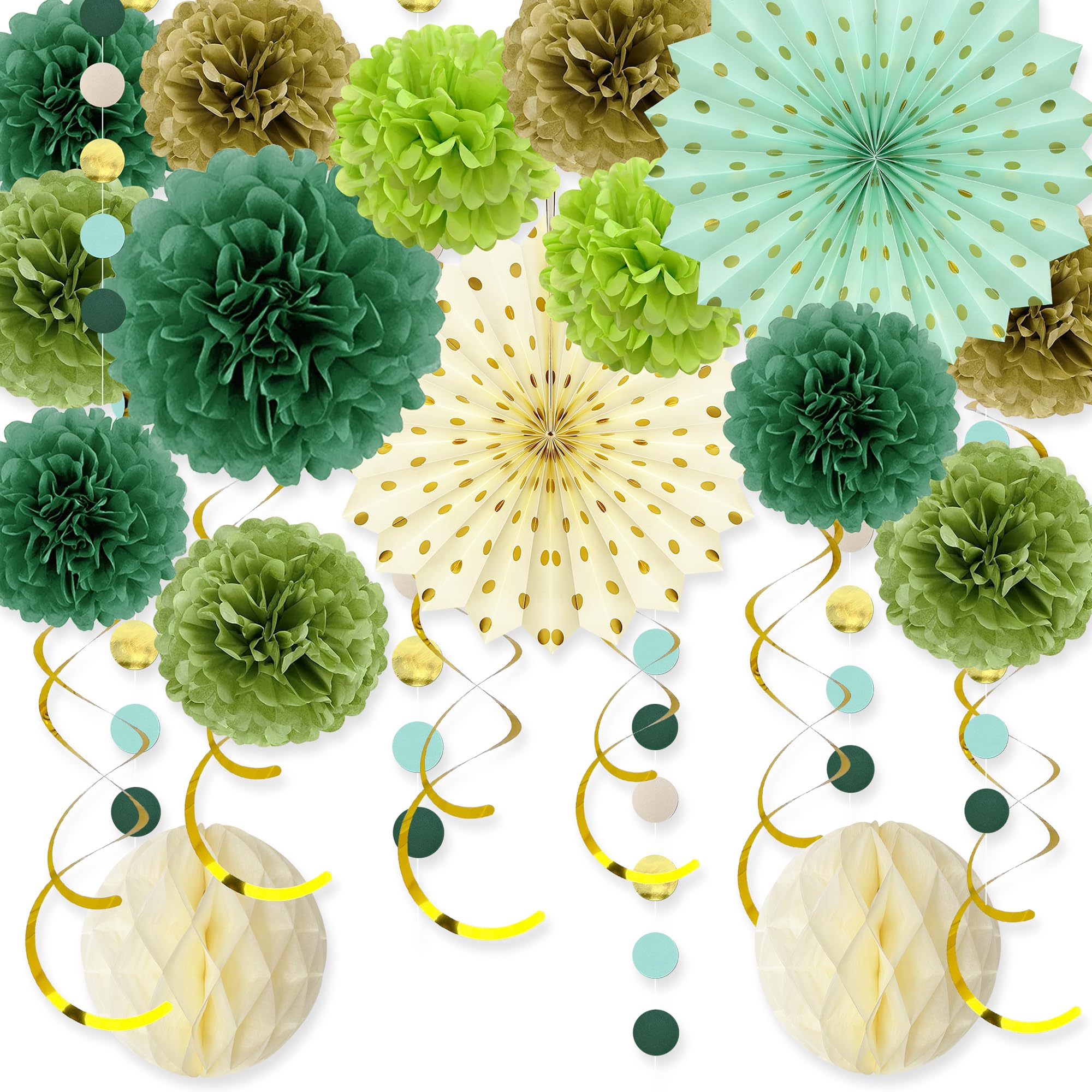 Ghirlanda Compleanno Con Pompon In Tessuto – Verde Salvia E Oro, Kit Decorazioni Fai Da Te Con Fiori Di Carta E Striscione