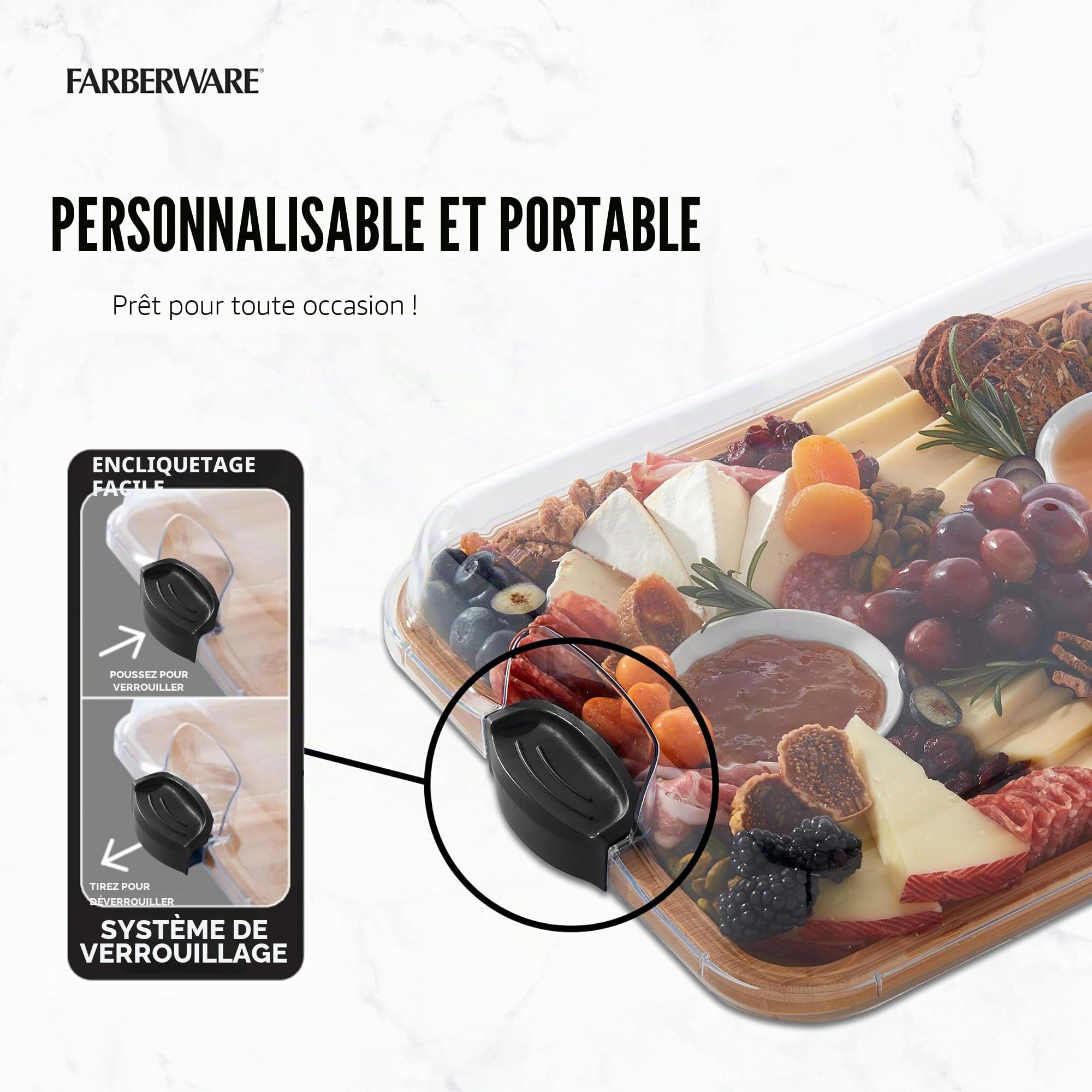 Farberware Build-A-Board Planche à découper en bambou avec couvercle verrouillable transparent et poignées noires, parfaite pour les charcuteries, les collations et plus encore. Prenez-le.