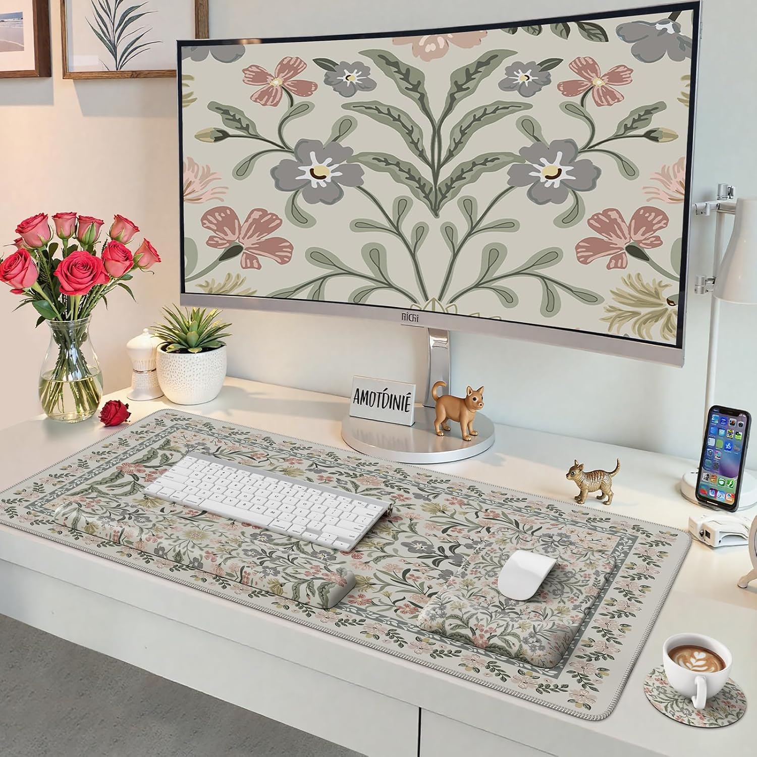 iCasso Mouse Pad with Wrist Rest,Large Desk Mat Set,Ergonomic Keyboard Pad with Wrist Support,Non-Slip Mouse Mat for Women,Cute Floral Computer Mat for Home Office Gaming (Gray)