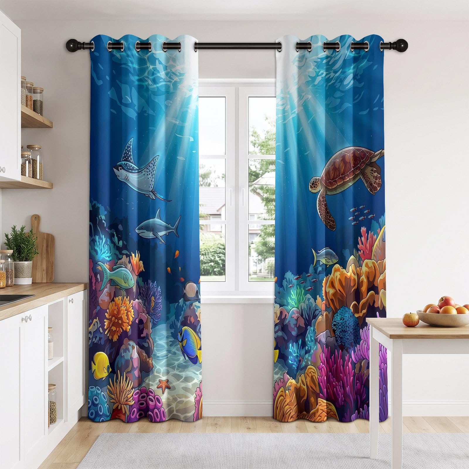 Tende oscuranti con animali marini, barriera corallina, tartaruga marina, per ragazzi e ragazze, tende oscuranti con occhielli, per cameretta dei bambini, camera da letto, 175 x 140 cm (altezza x