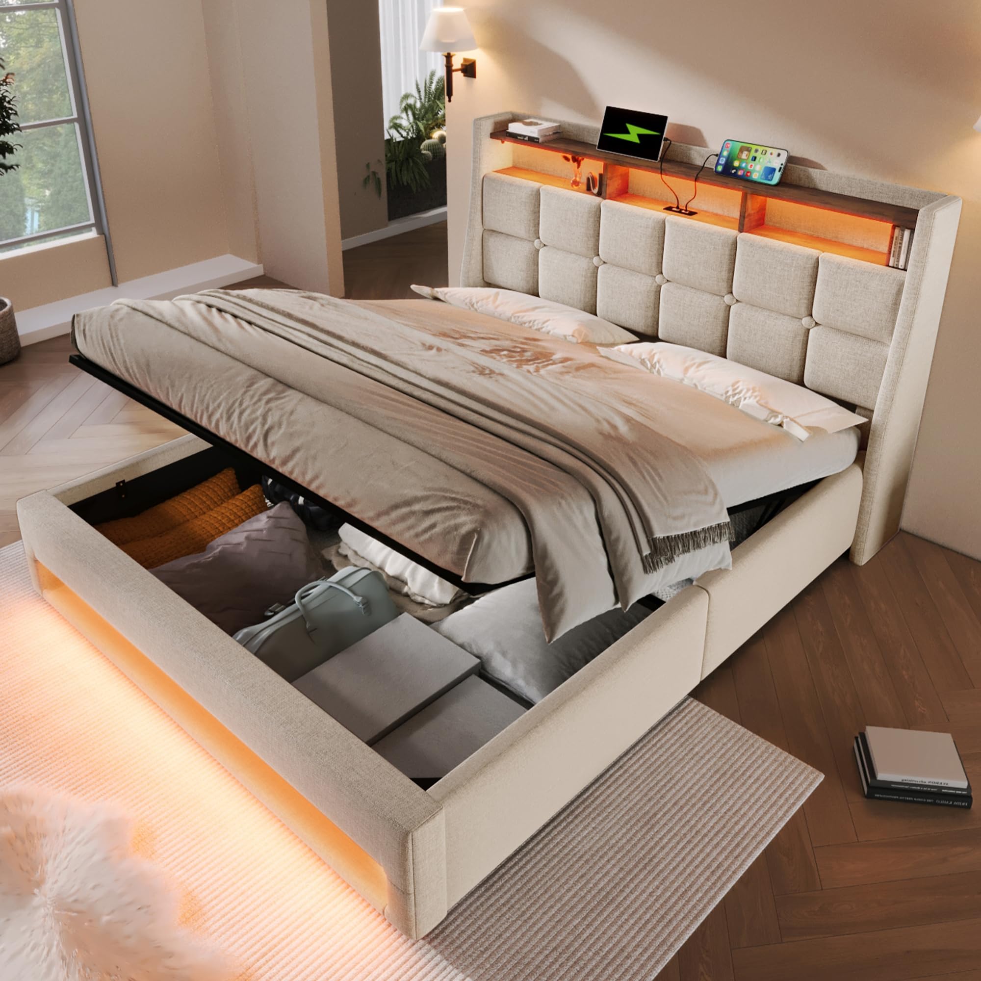 Double Ottoman Bed Frame with Hydraulic Lever & LED Storage Headboard, 4ft6 Upholstered Platform Bed Frame with LED Lighting & USB Charging,Gas Lift Up Fabric Storage Bed with Slats,Beige,No Mattress
