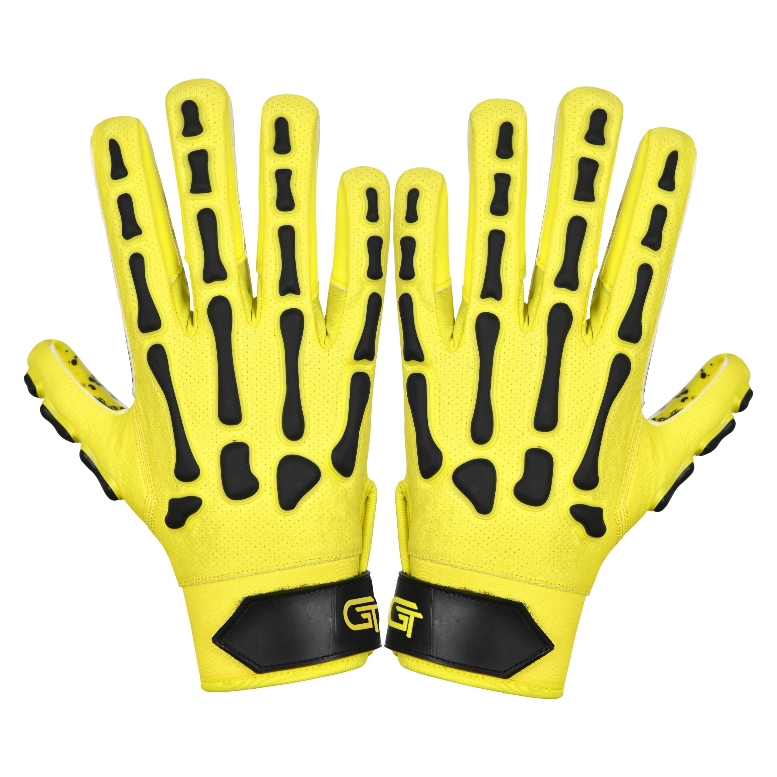 Glorious Traders Youth Football Gloves American Wide Receiver Injected Bones Football Gloves for Adult Men Women & Boys with Super Sticky Silicone Grip Palms (Black Yellow, Youth Large)