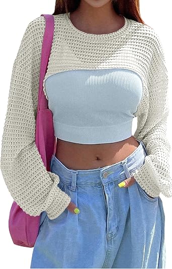Womens Knitted Crop Top Long Sleeve Hollow Out Shrug Sweater Y2K Knit Cover Up Tops