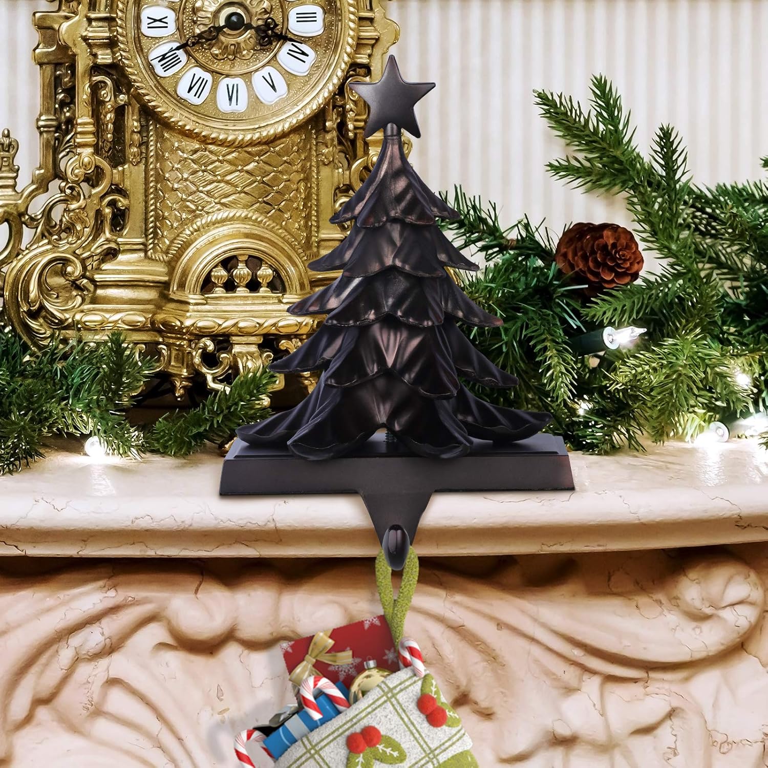 Hooqict Christmas Tree Stocking Holder Metal 3D Christmas Stocking Holder for Mantle Fireplace Christmas New Year Table Decorations Weighted Stocking Hangers with Hooks