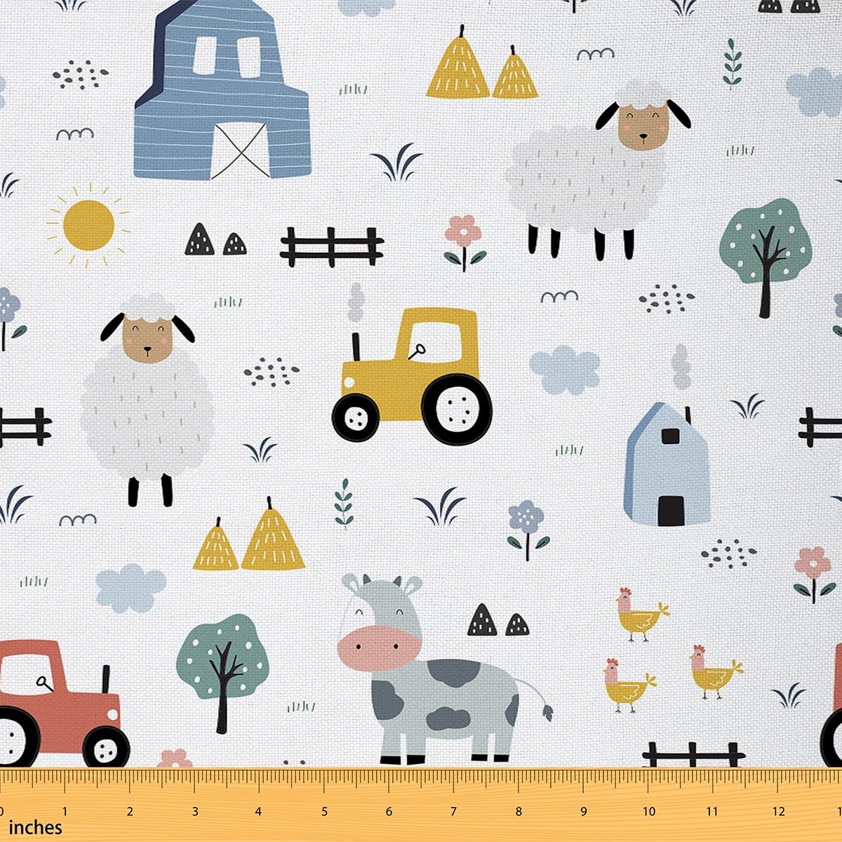 Richhome Multi 24 Cartoon Tractor Fabric By The Yard Cute Sheep Cow Chick Farm Animal Fabric For Kids Sewing Lovers Lovely Wild Trees Rustic Farmhouse Style Fabric For Room Decor And Diy Upholstery 1 Yard