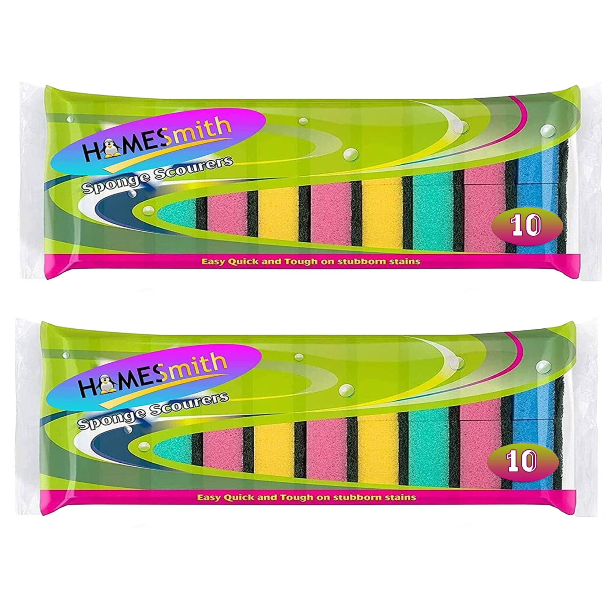 HOMESmith - Colourful Sponge Scourers - Dual Sided Dish Washing & Cleaning Sponges - Absorbent, Non-Scratch, Reusable Scourers - 2 x 10 Pack