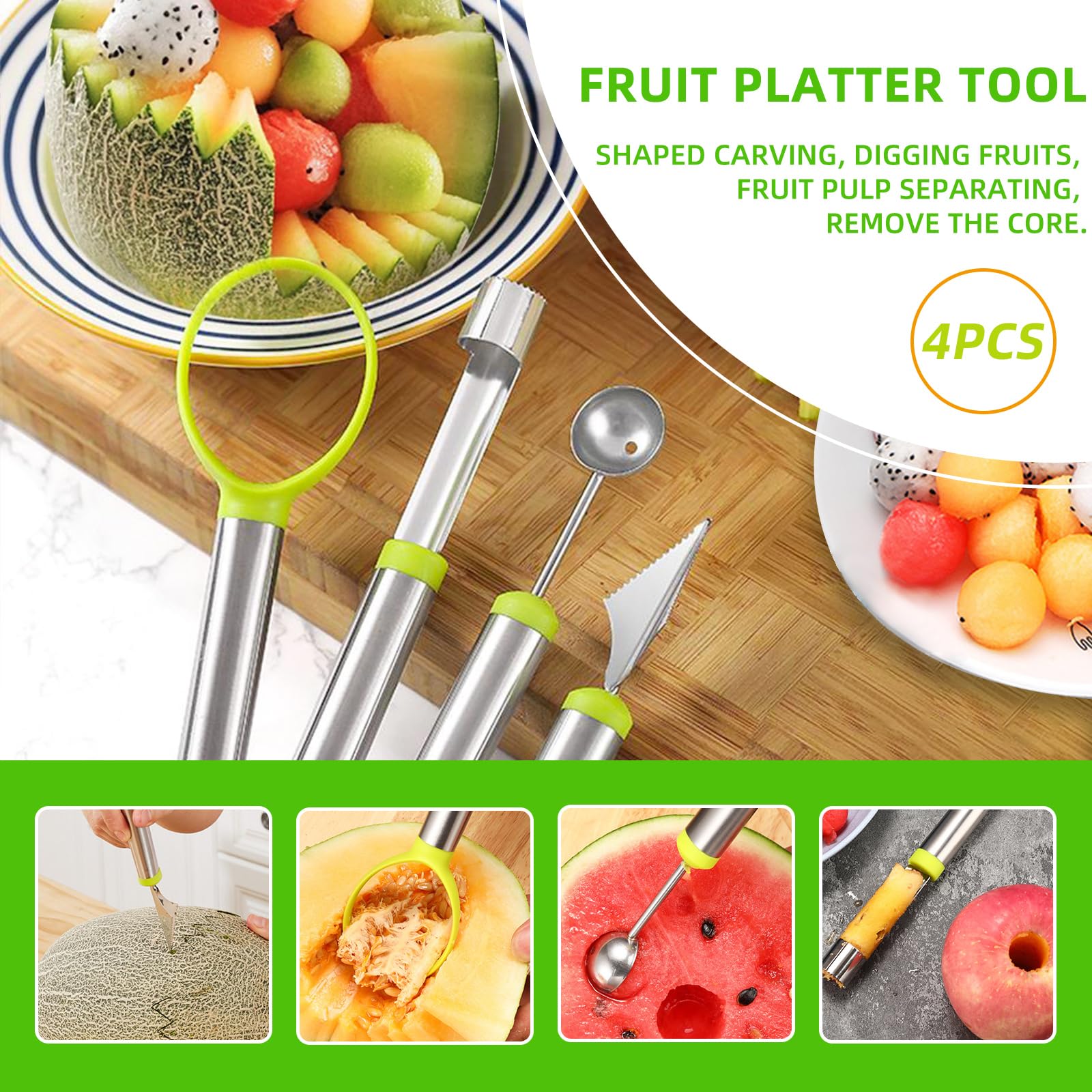 9Pcs Melon Baller Scoop Set,Fruit Shape Cutters,Avocado Slicer tool 3 in 1,Apple Slicer,Fruit Scooper and Baller, Vegetable Peelers, Apple Cutter and Corer,Green - Image 3