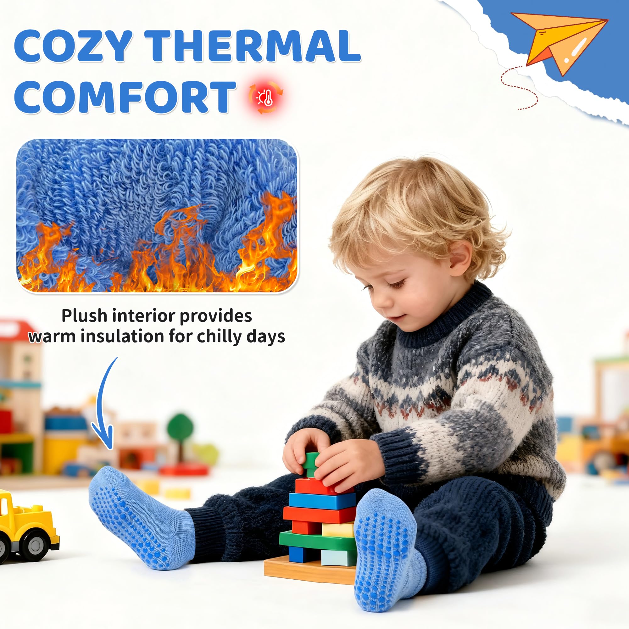 GRPSKCOS Lot de 6 paires de chaussettes antidérapantes épaisses pour enfants de 1 à 7 ans