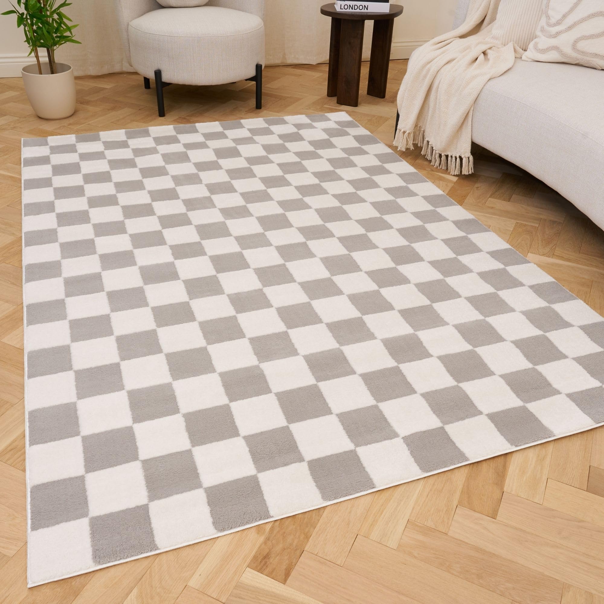 THE RUGS Living Room Rug, Loft Collection – Modern Textured 14mm Soft Pile Area Carpet, Non-Shedding & Easy Care [ Checkerboard Grey, 80x150 cm]