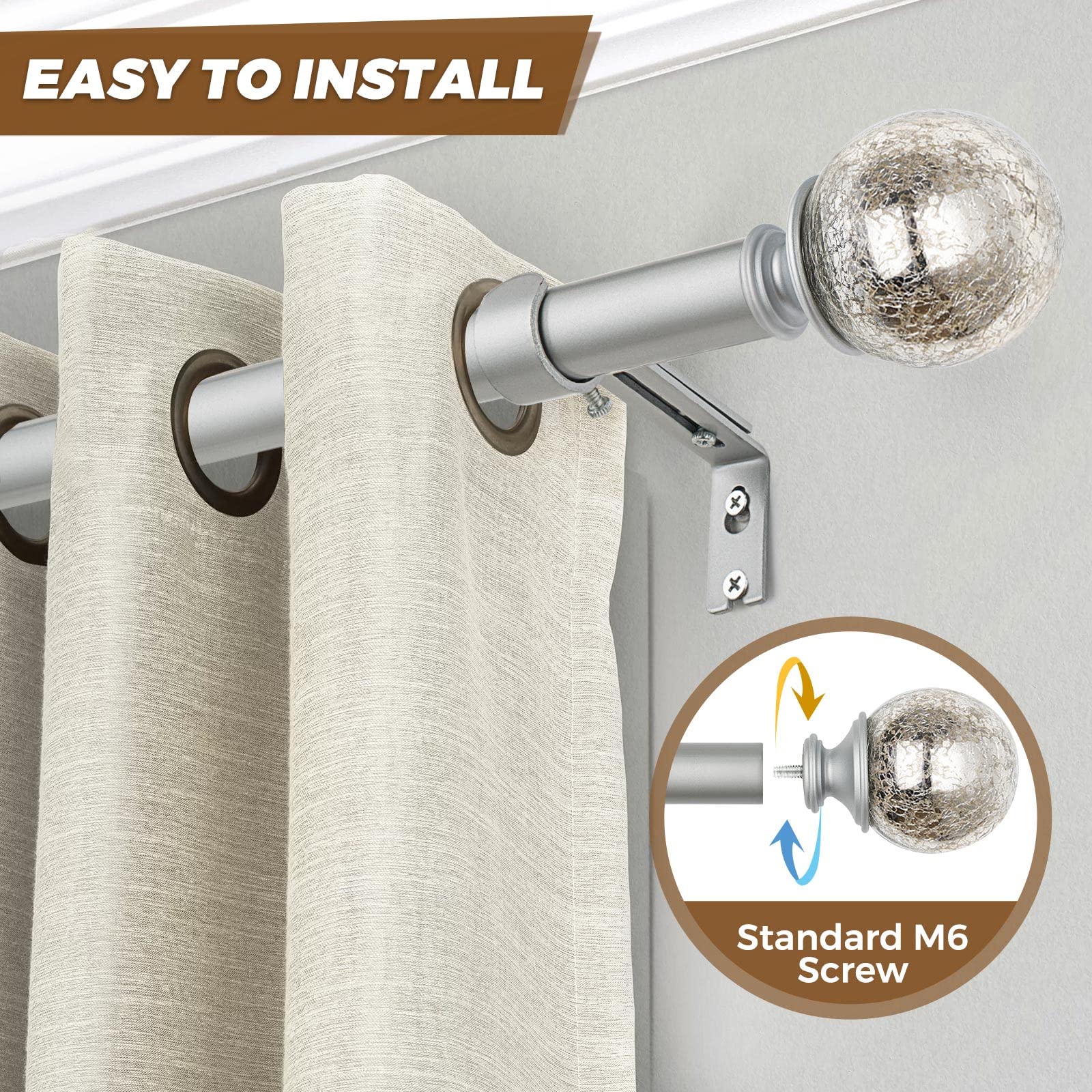 KAMANINA 1 Inch Curtain Rod Single Window Rod 36-72 Inches (3-6 Feet), Silver Drapery Rods for Windows with Crackle Glass Finials, Xmas Gift For Women Girl