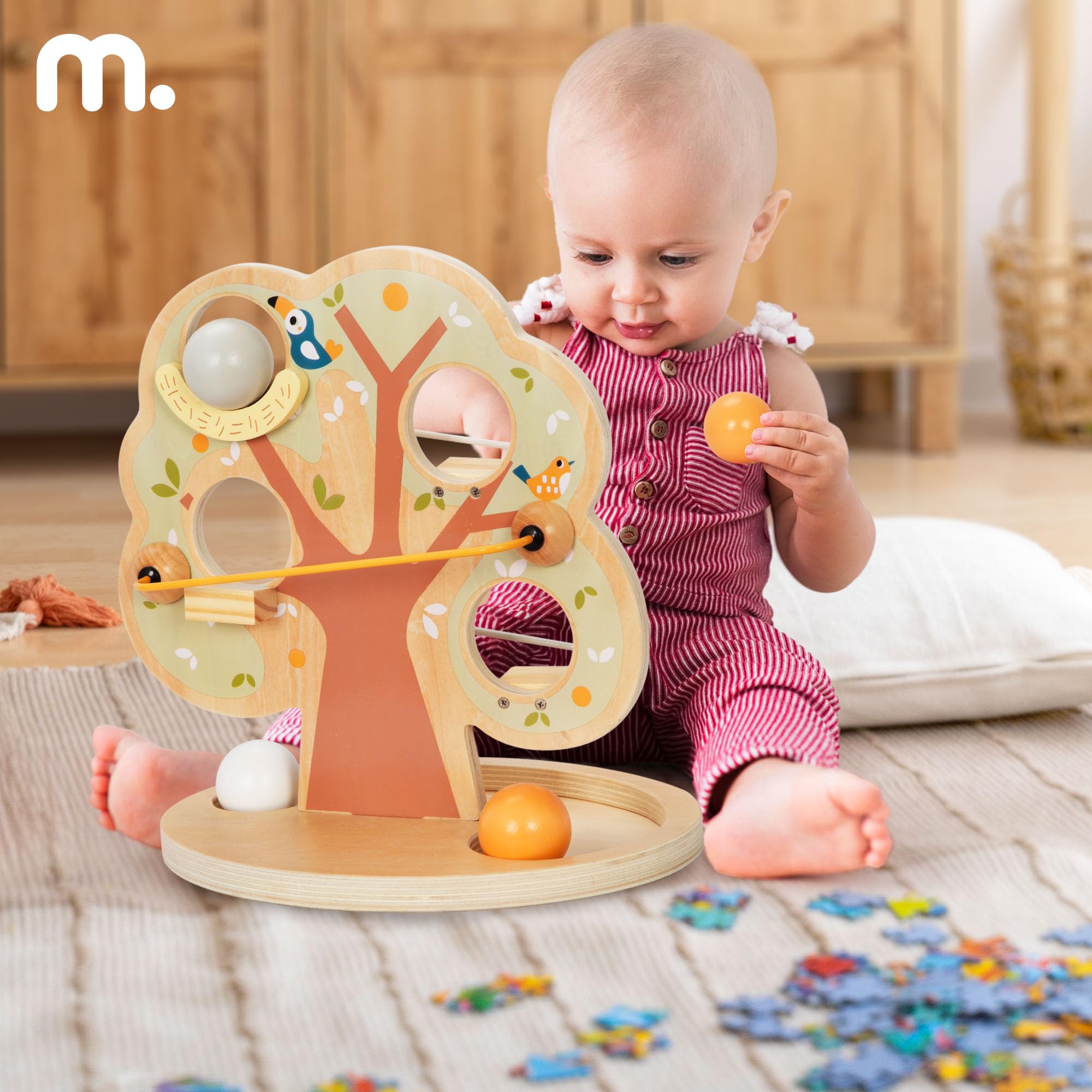 mamabrum Circuito in Legno per Palline, Albero con 4 Livelli di Discesa e 3 Sfere Colorate, Gioco Educativo per Coordinazione e Motricità Fine, Bambini da 18 mesi